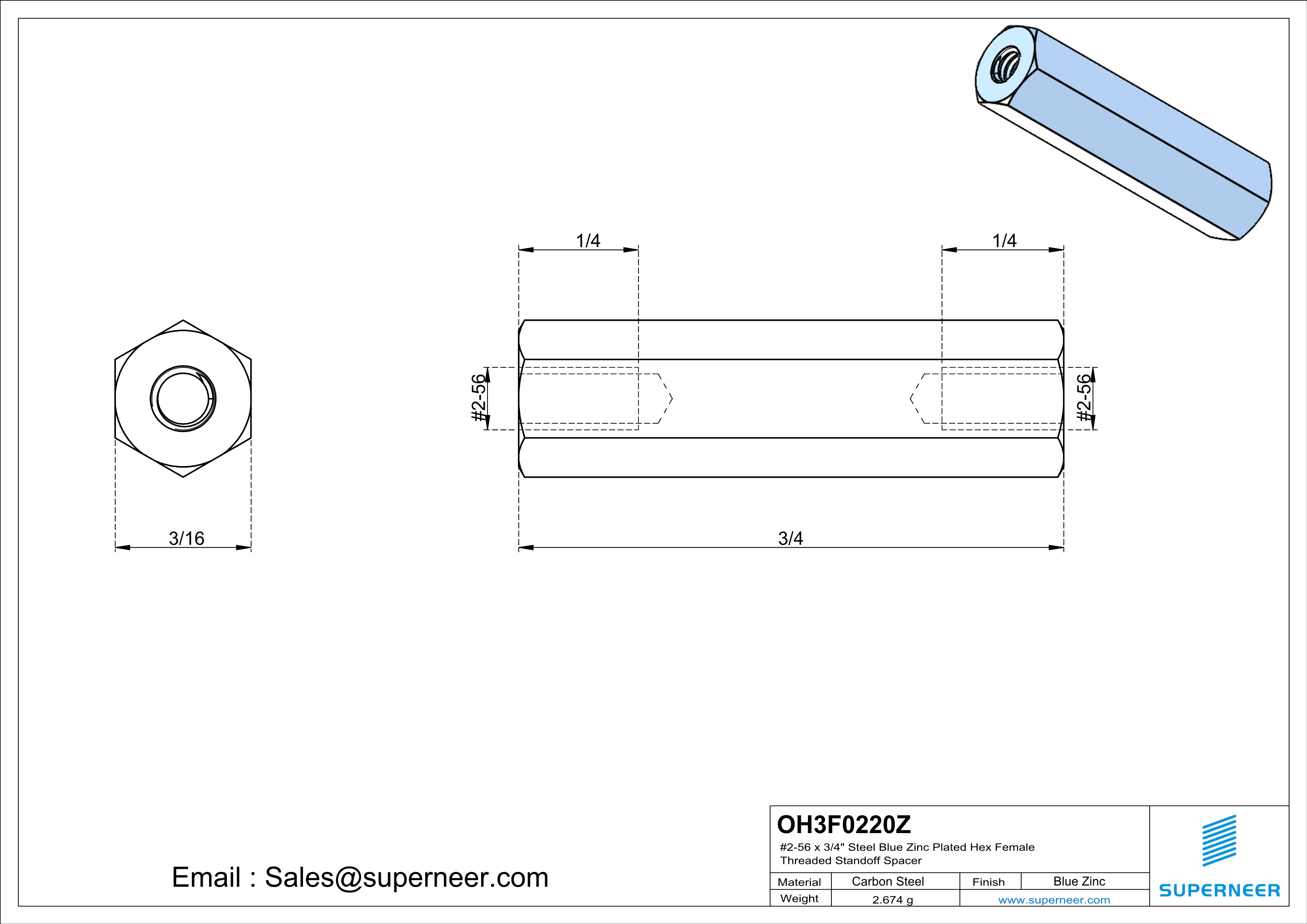 2-56 x 3/4" Steel Blue Zinc Plated Hex Female Threaded Standoff Spacer