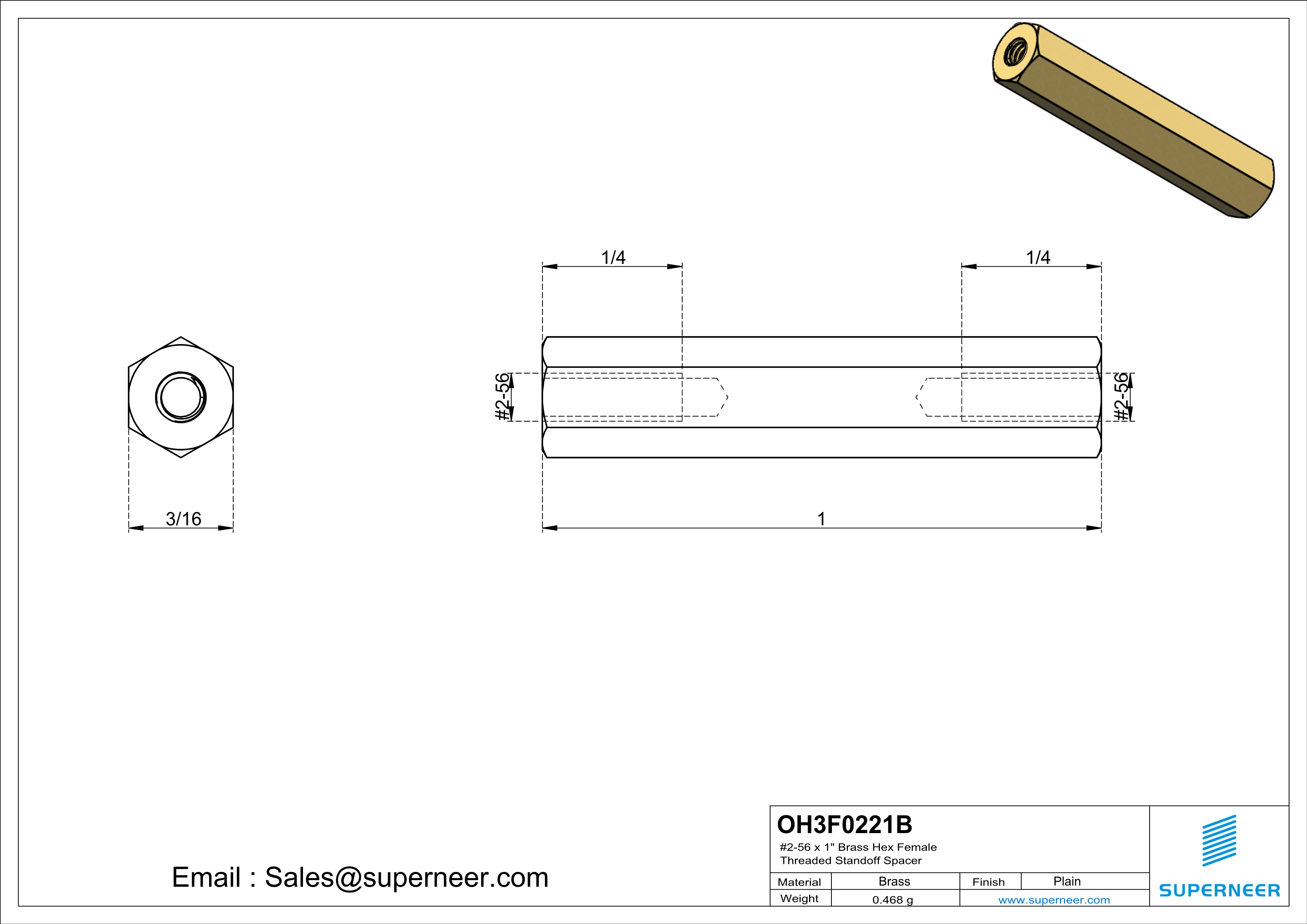 2-56 x 1"  Brass Hex Female Threaded Standoff Spacer