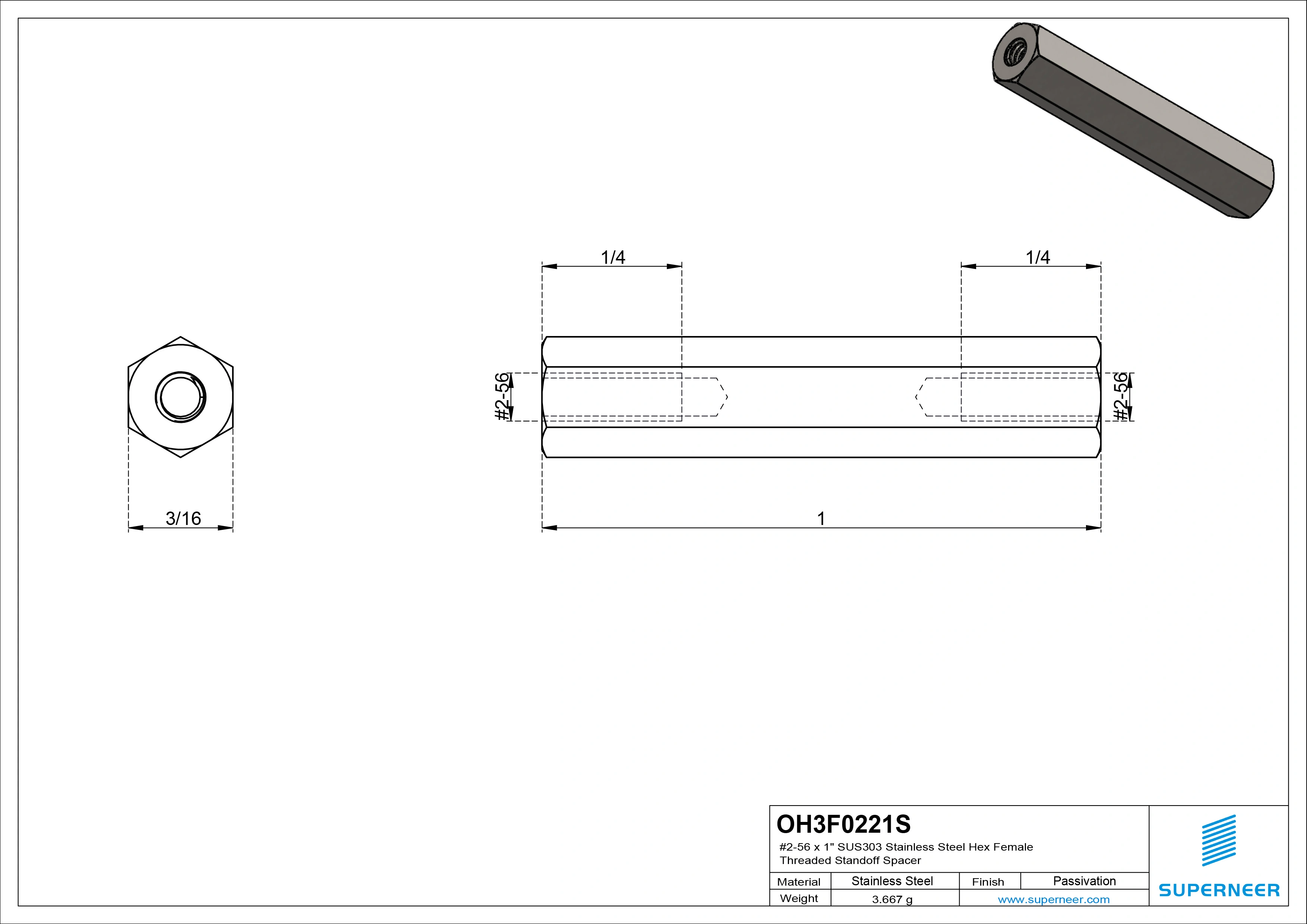 2-56 x 1" SUS303 Stainless Steel Inox Hex Female Threaded Standoff Spacer