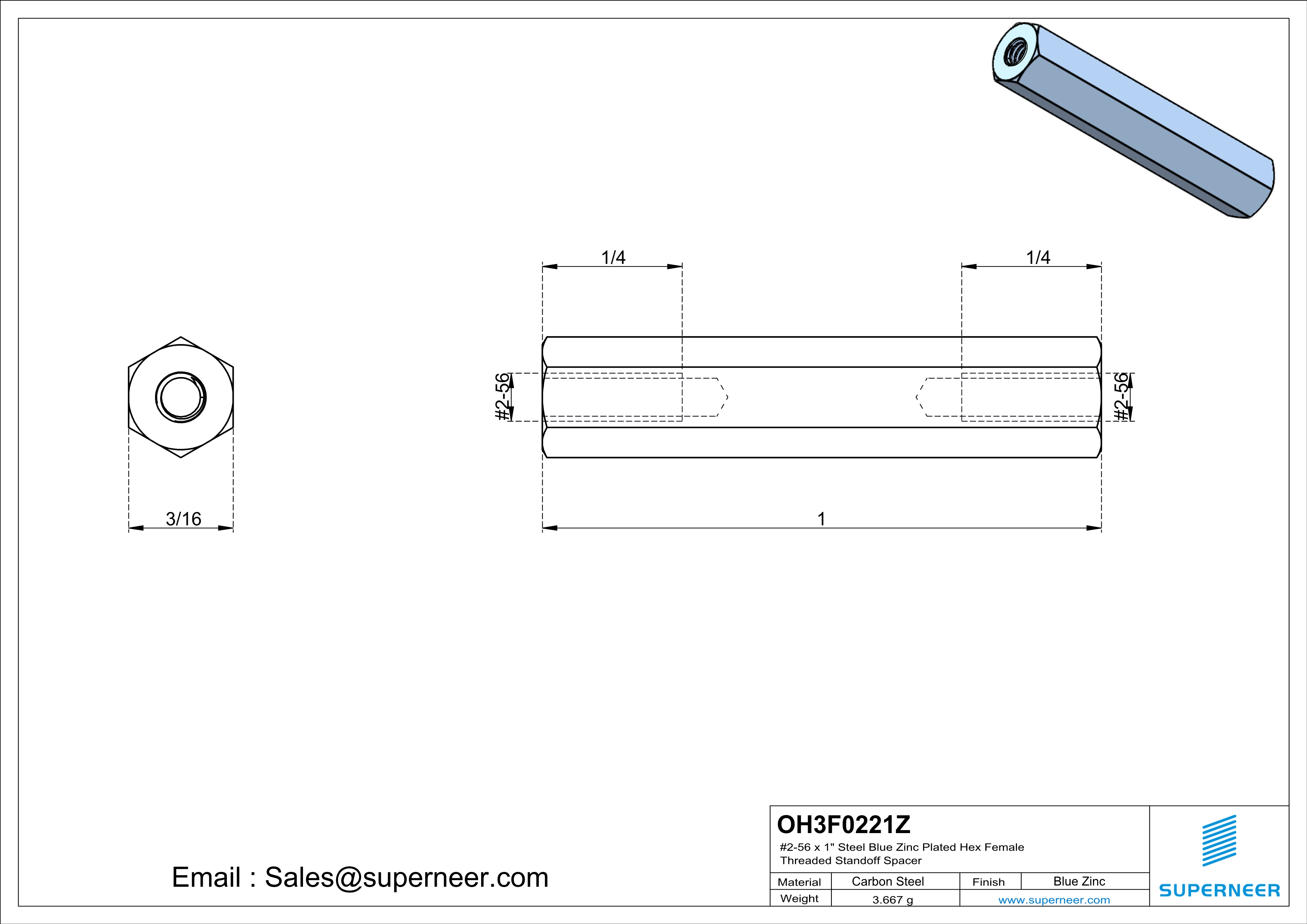 2-56 x 1" Steel Blue Zinc Plated Hex Female Threaded Standoff Spacer