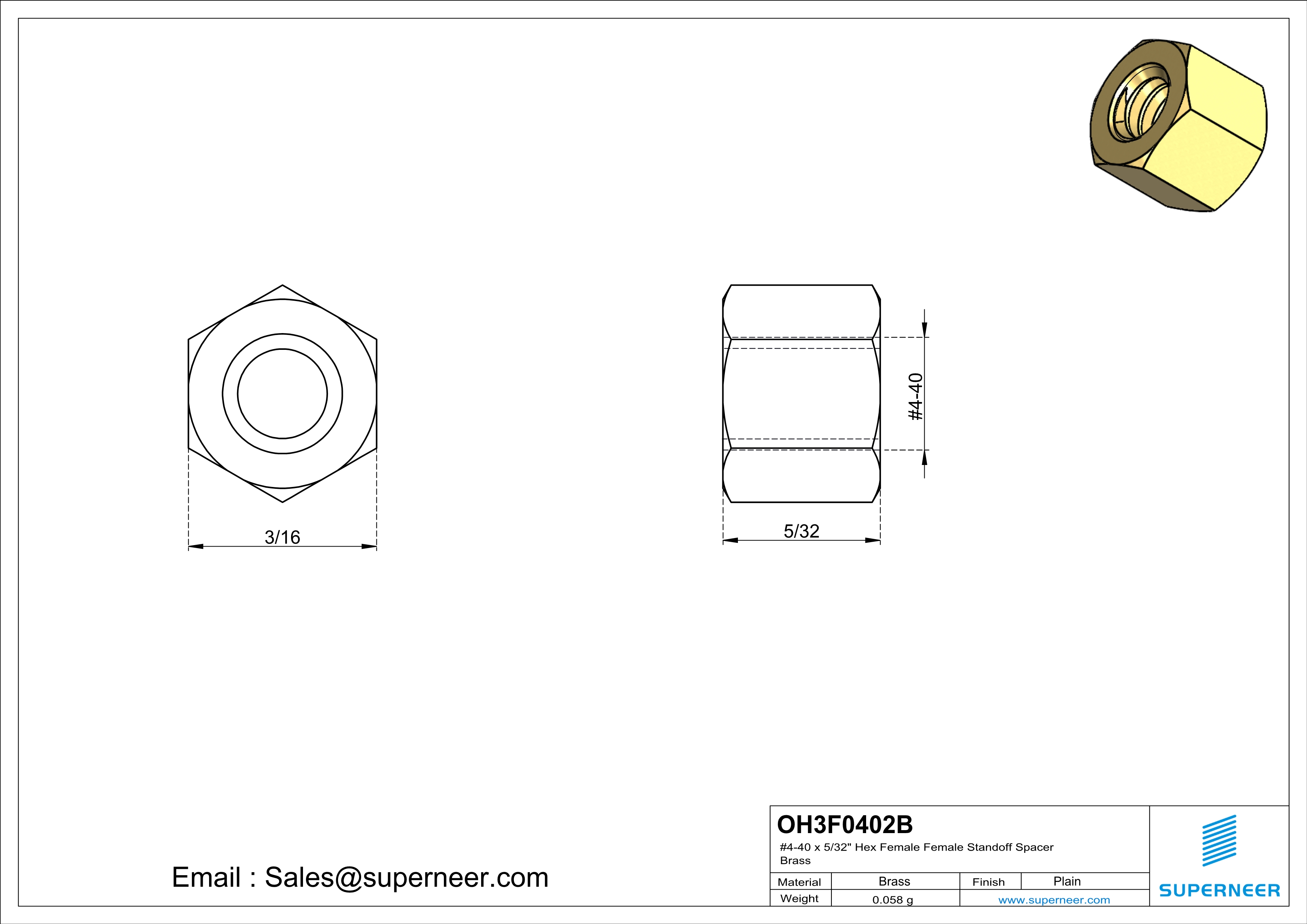 4-40 x 5/32" Hex Female Female Standoff Spacer Brass 