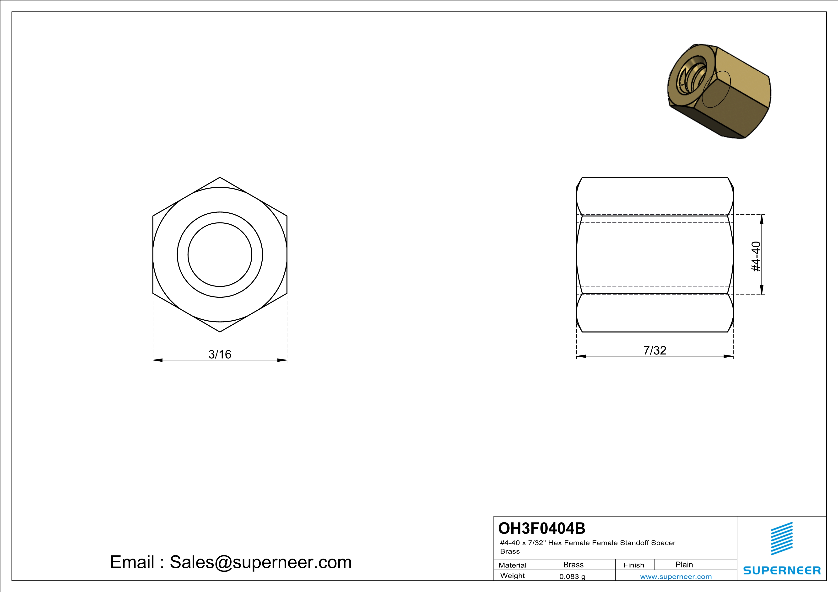 4-40 x 7/32" Hex Female Female Standoff Spacer Brass 