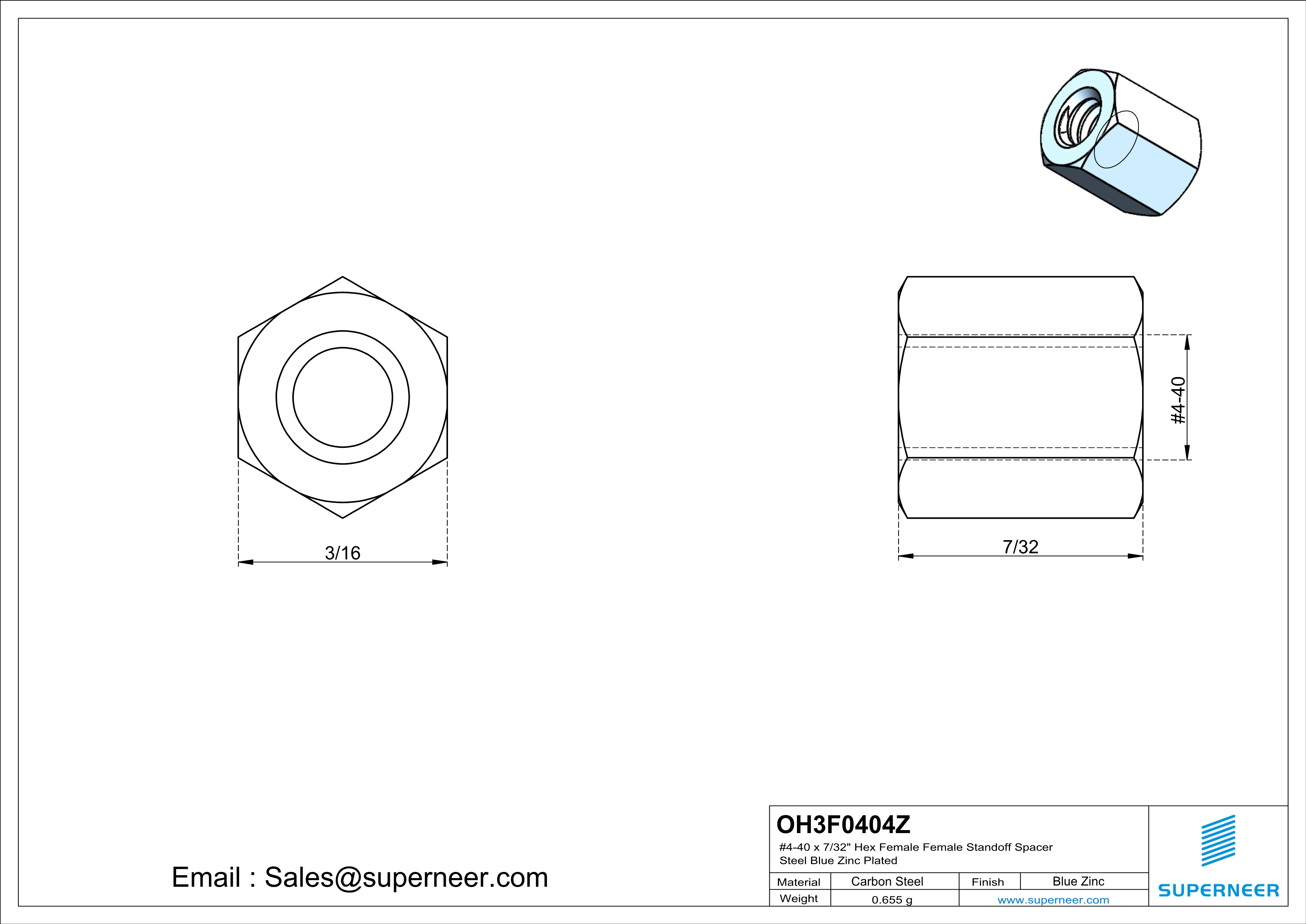 4-40 x 7/32" Hex Female Female Standoff Spacer Steel Blue Zinc Plated 