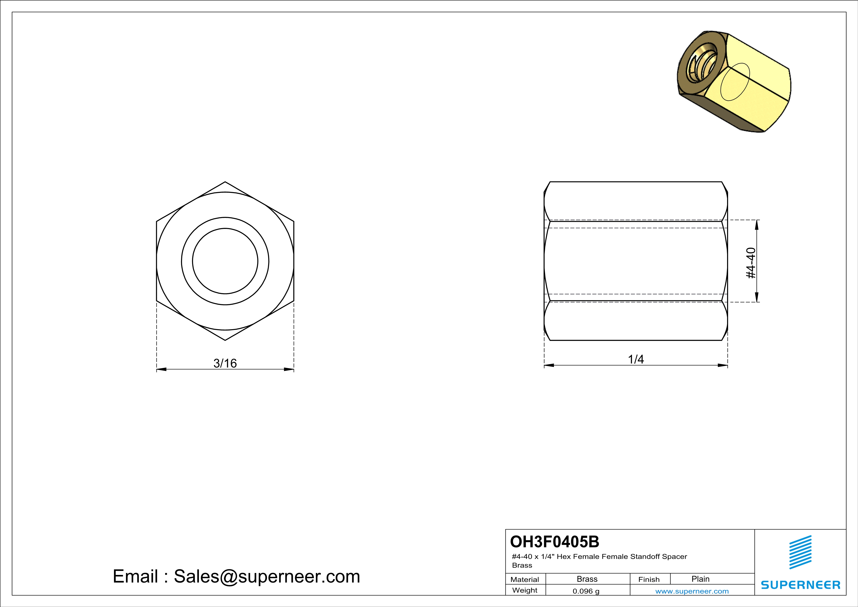 4-40 x 1/4" Hex Female Female Standoff Spacer Brass 