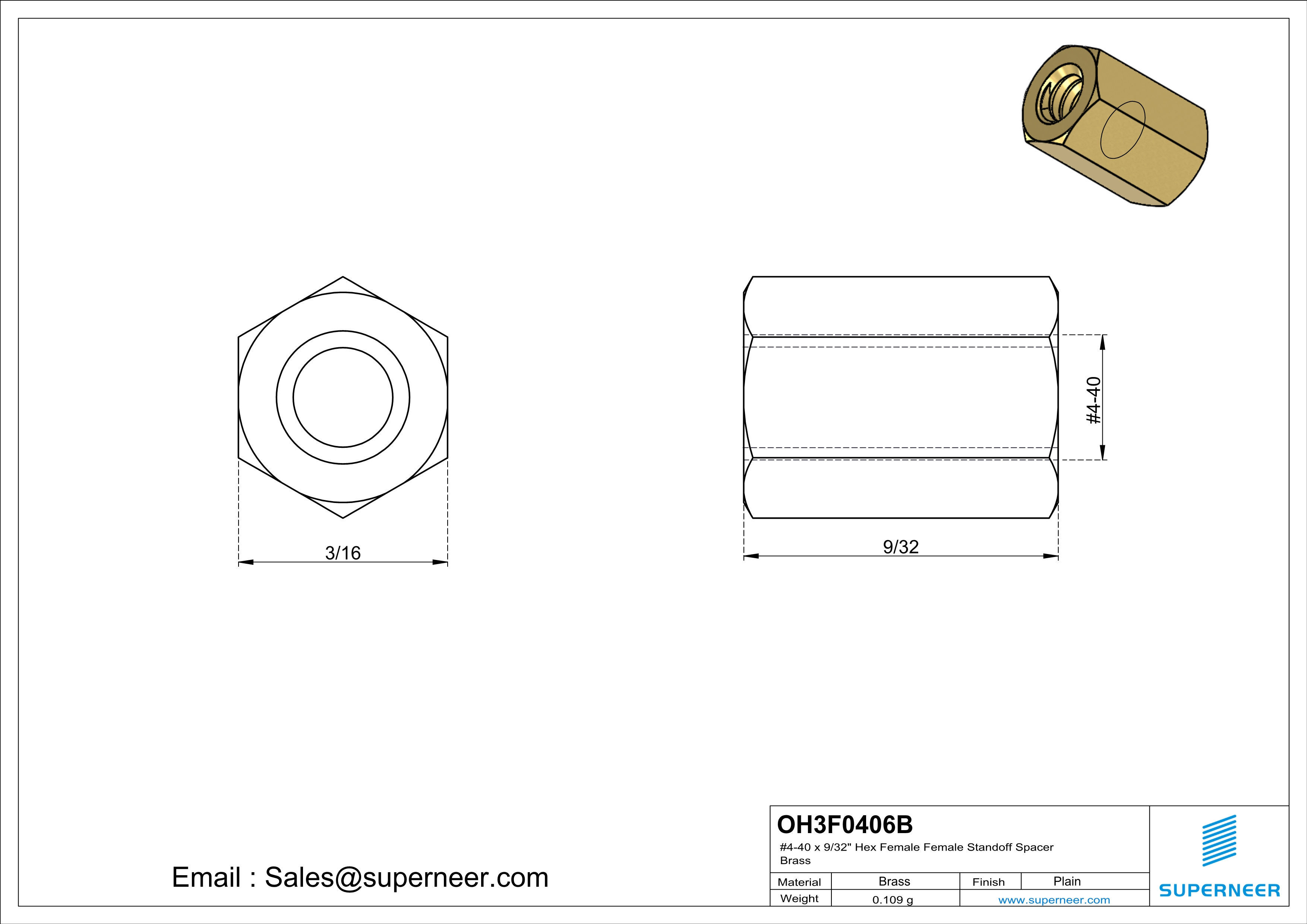 4-40 x 9/32" Hex Female Female Standoff Spacer Brass 