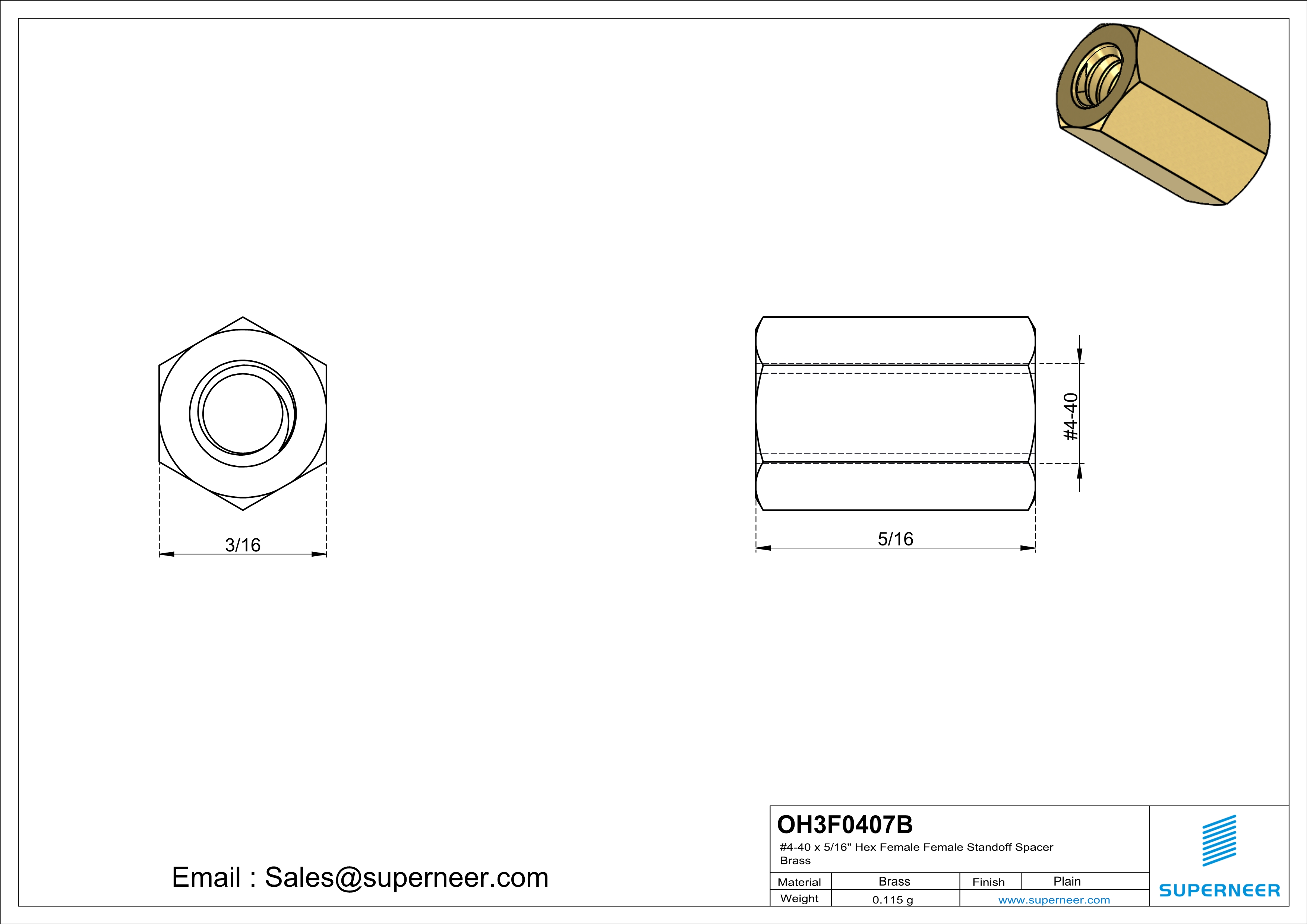 4-40 x 5/16" Hex Female Female Standoff Spacer Brass 