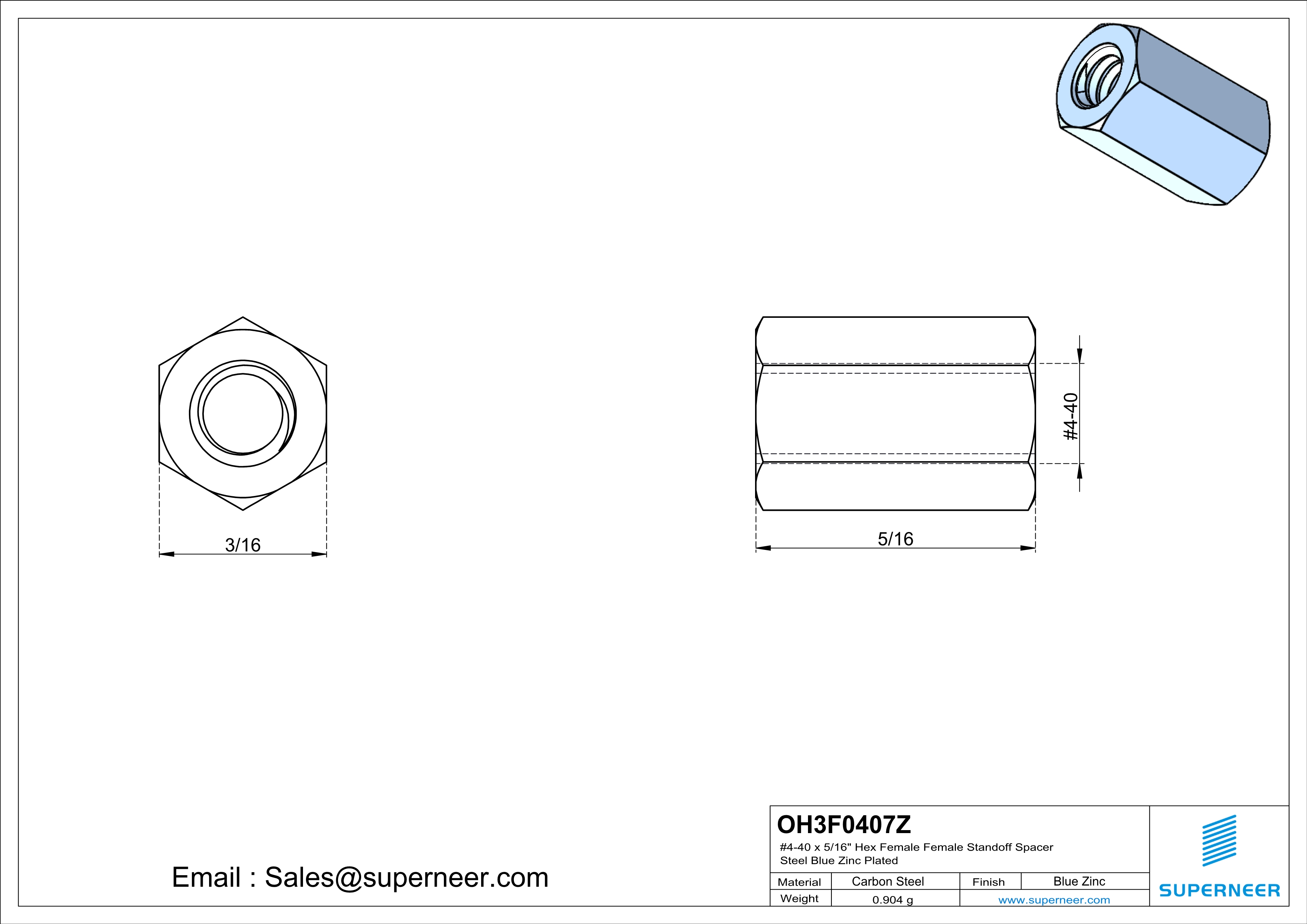4-40 x 5/16" Hex Female Female Standoff Spacer Steel Blue Zinc Plated 