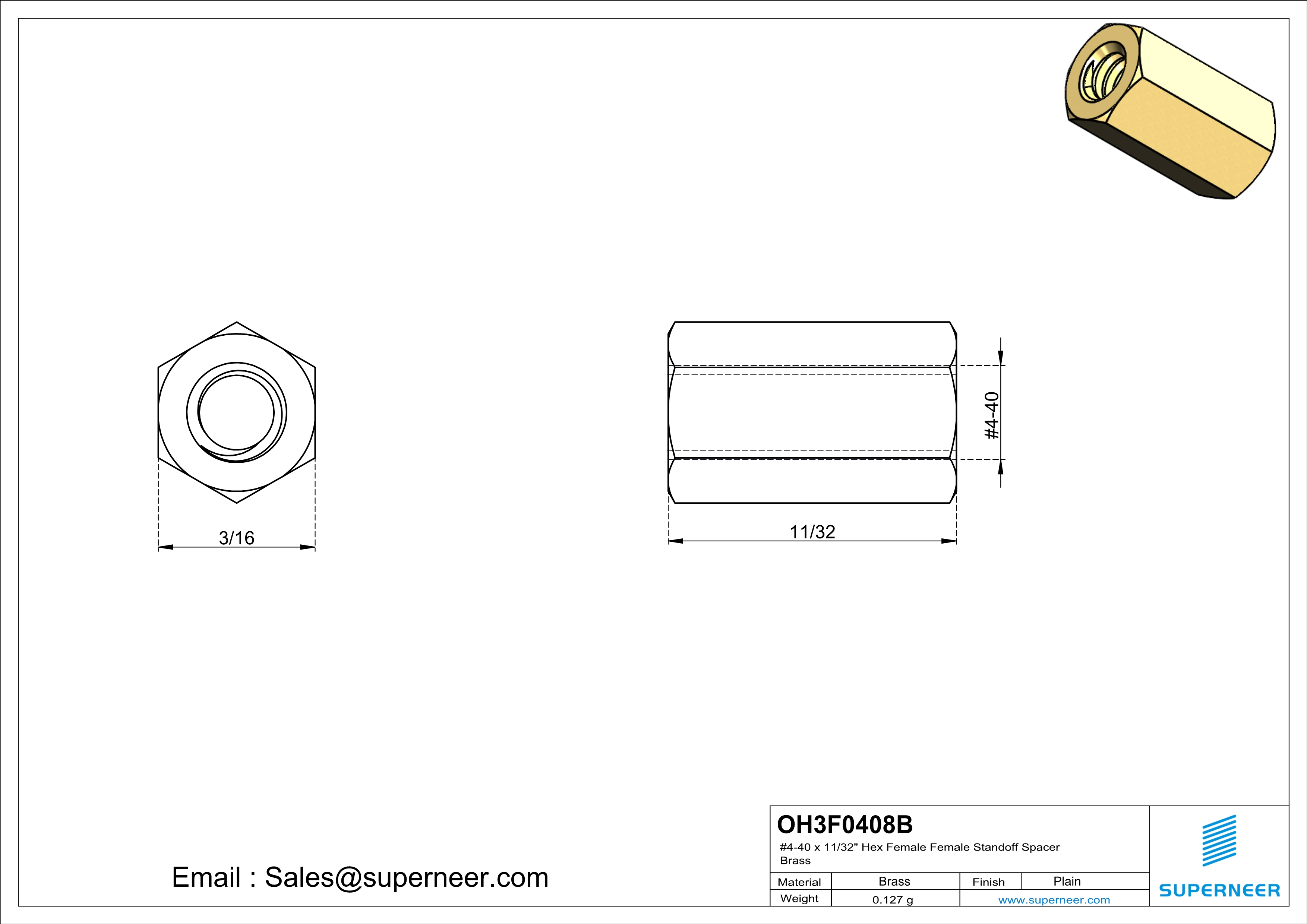 4-40 x 11/32"  Hex Female Female Standoff Spacer Brass 