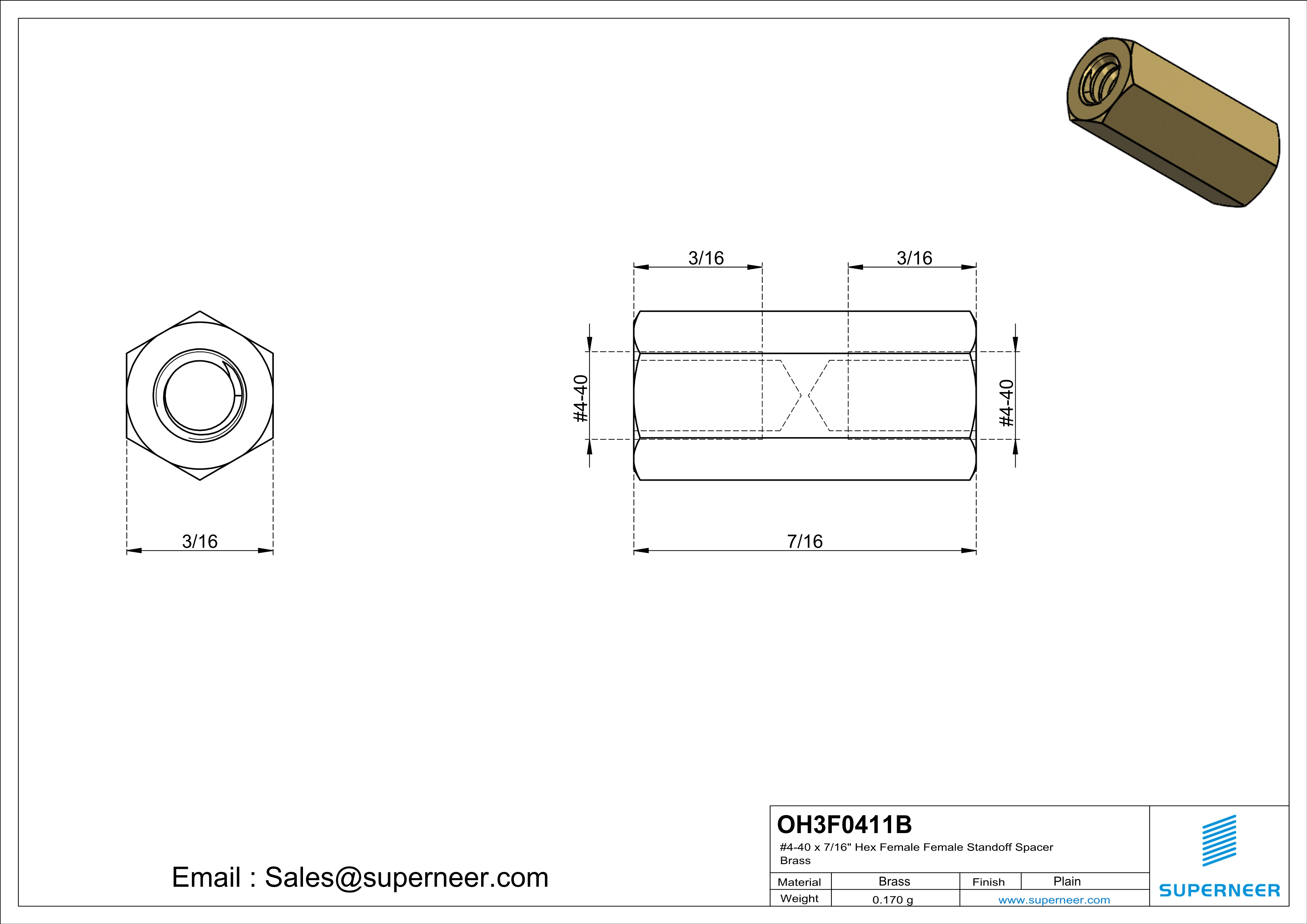 4-40 x 7/16" Hex Female Female Standoff Spacer Brass 