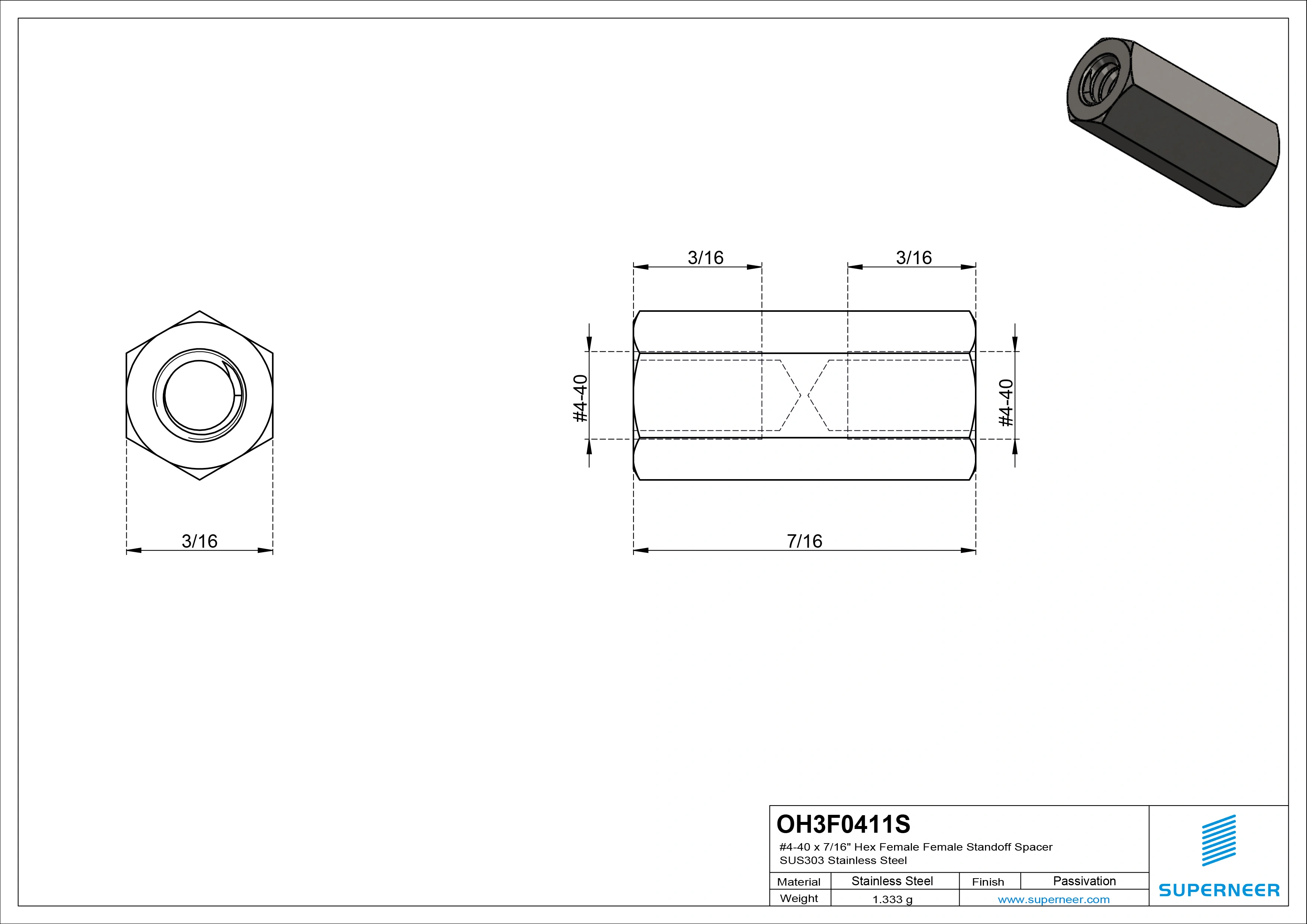 4-40 x 7/16" Hex Female Female Standoff Spacer SUS303 Stainless Steel Inox 