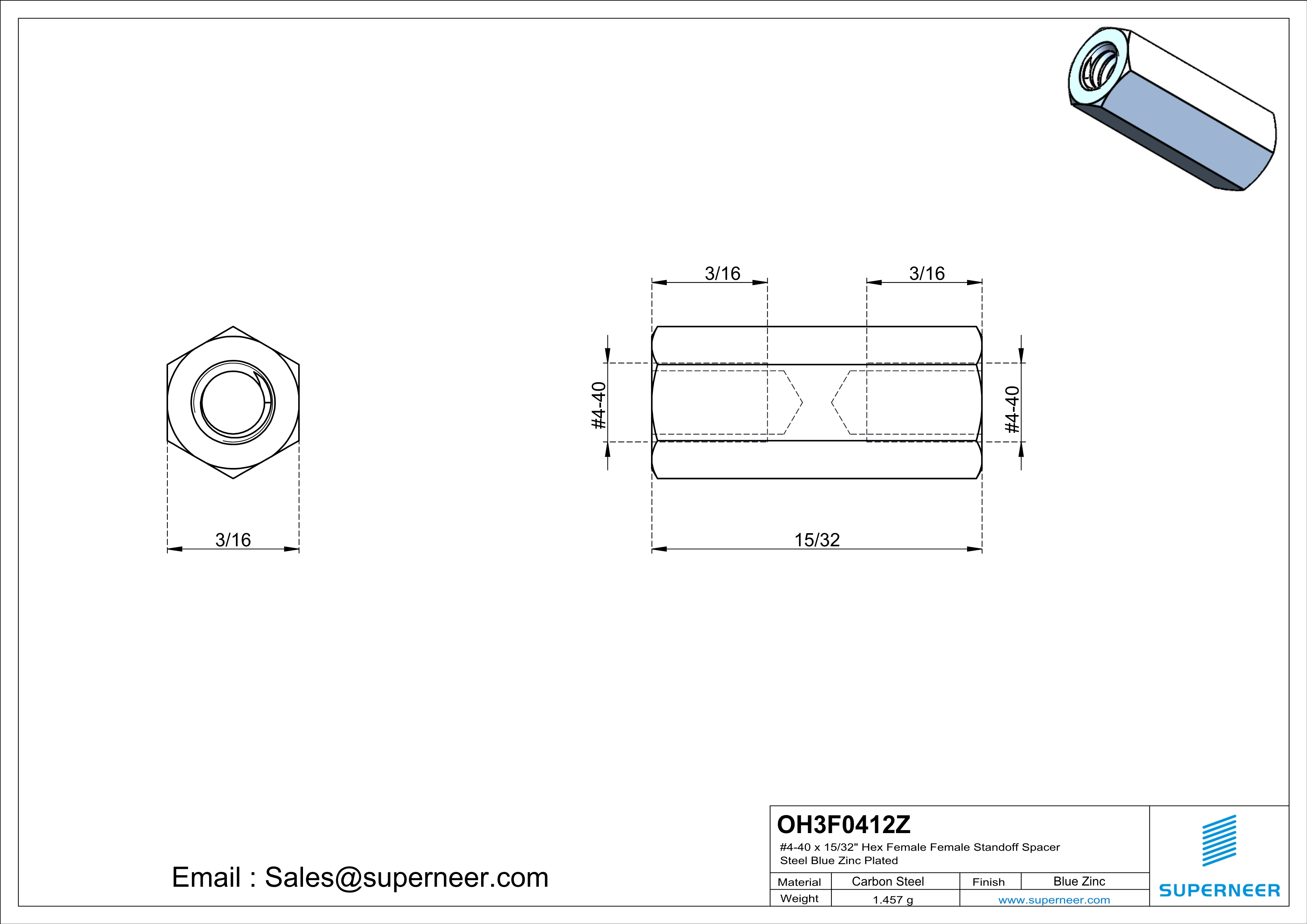 4-40 x 15/32" Hex Female Female Standoff Spacer Steel Blue Zinc Plated 