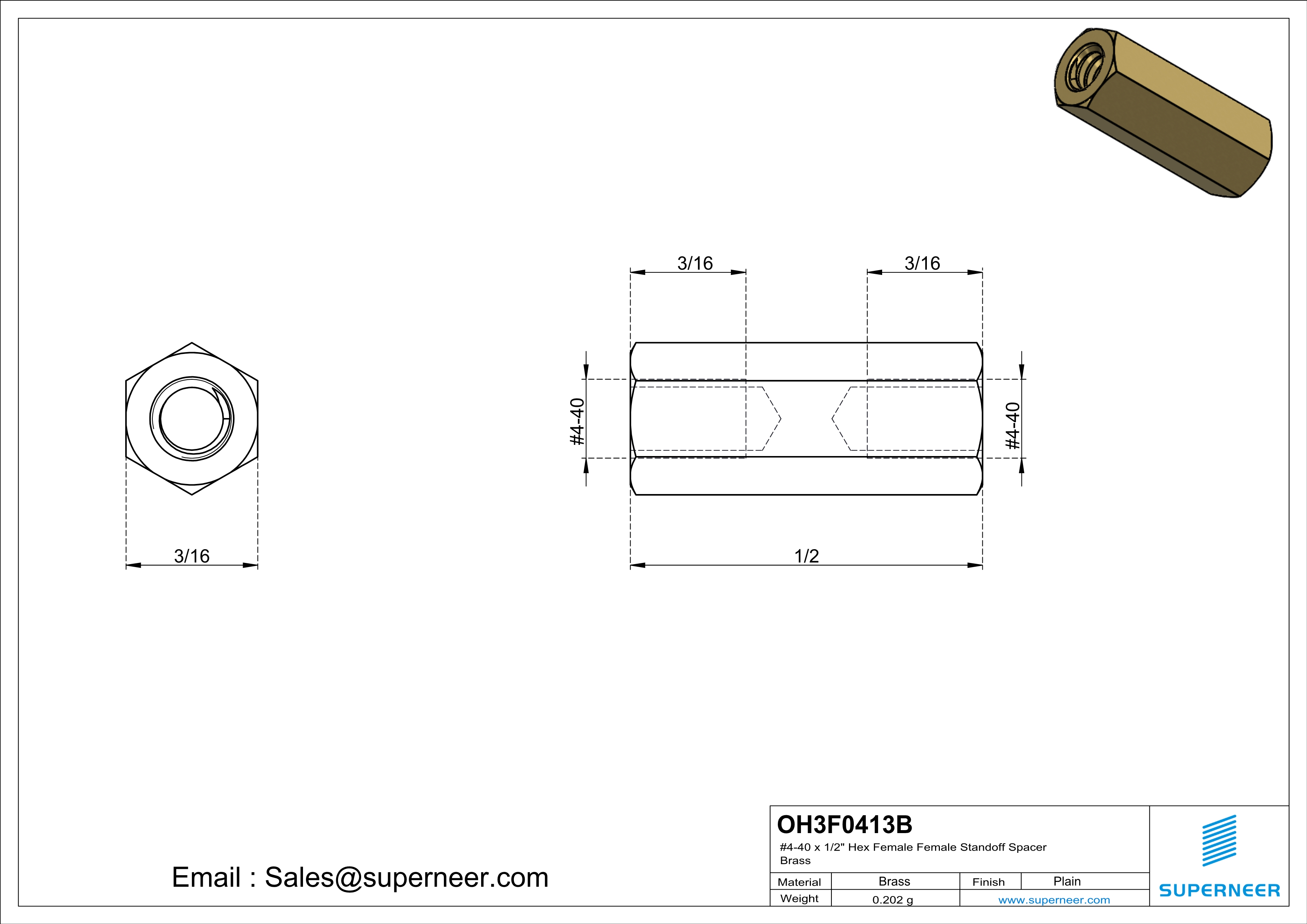 4-40 x 1/2" Hex Female Female Standoff Spacer Brass 