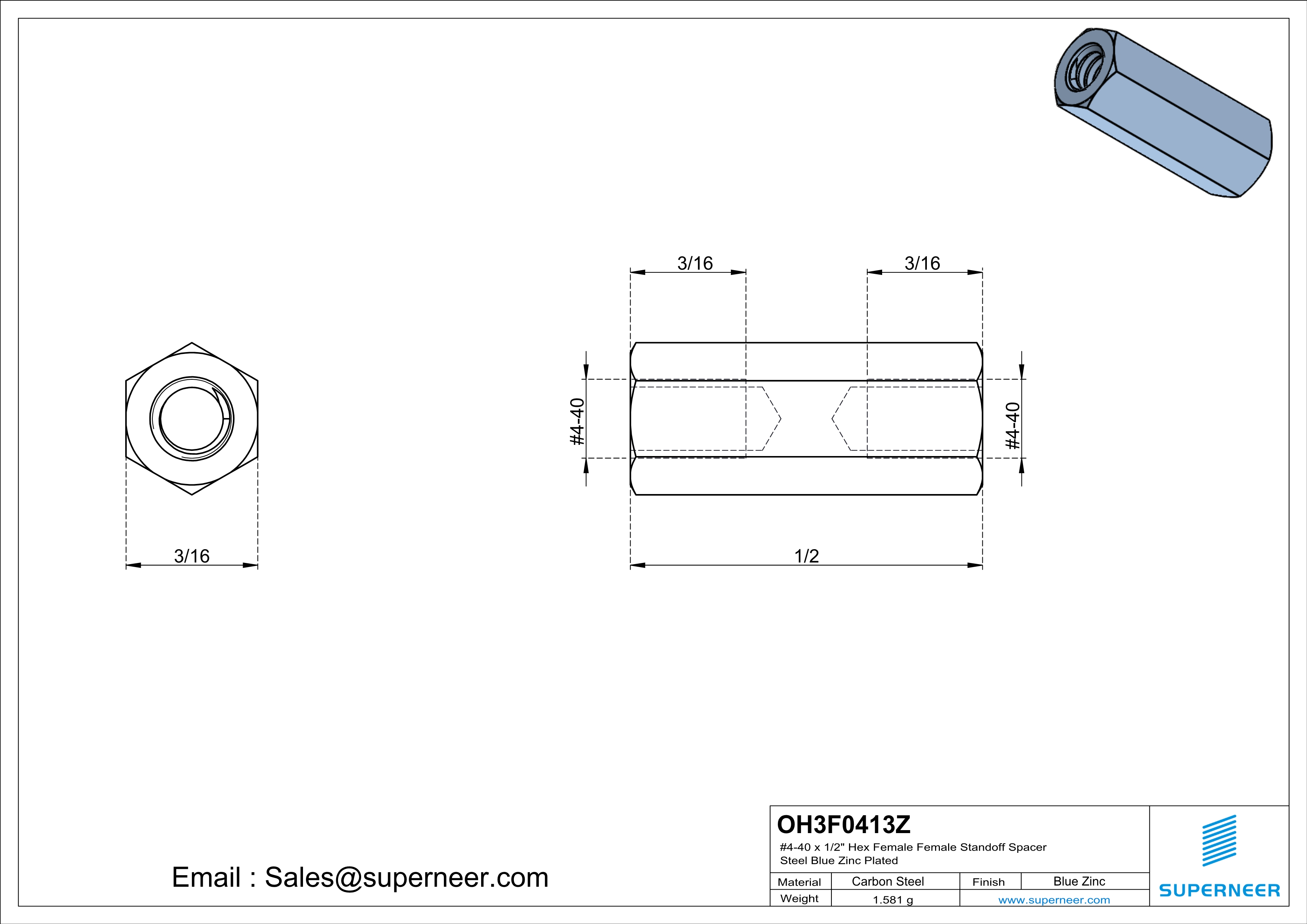 4-40 x 1/2" Hex Female Female Standoff Spacer Steel Blue Zinc Plated 
