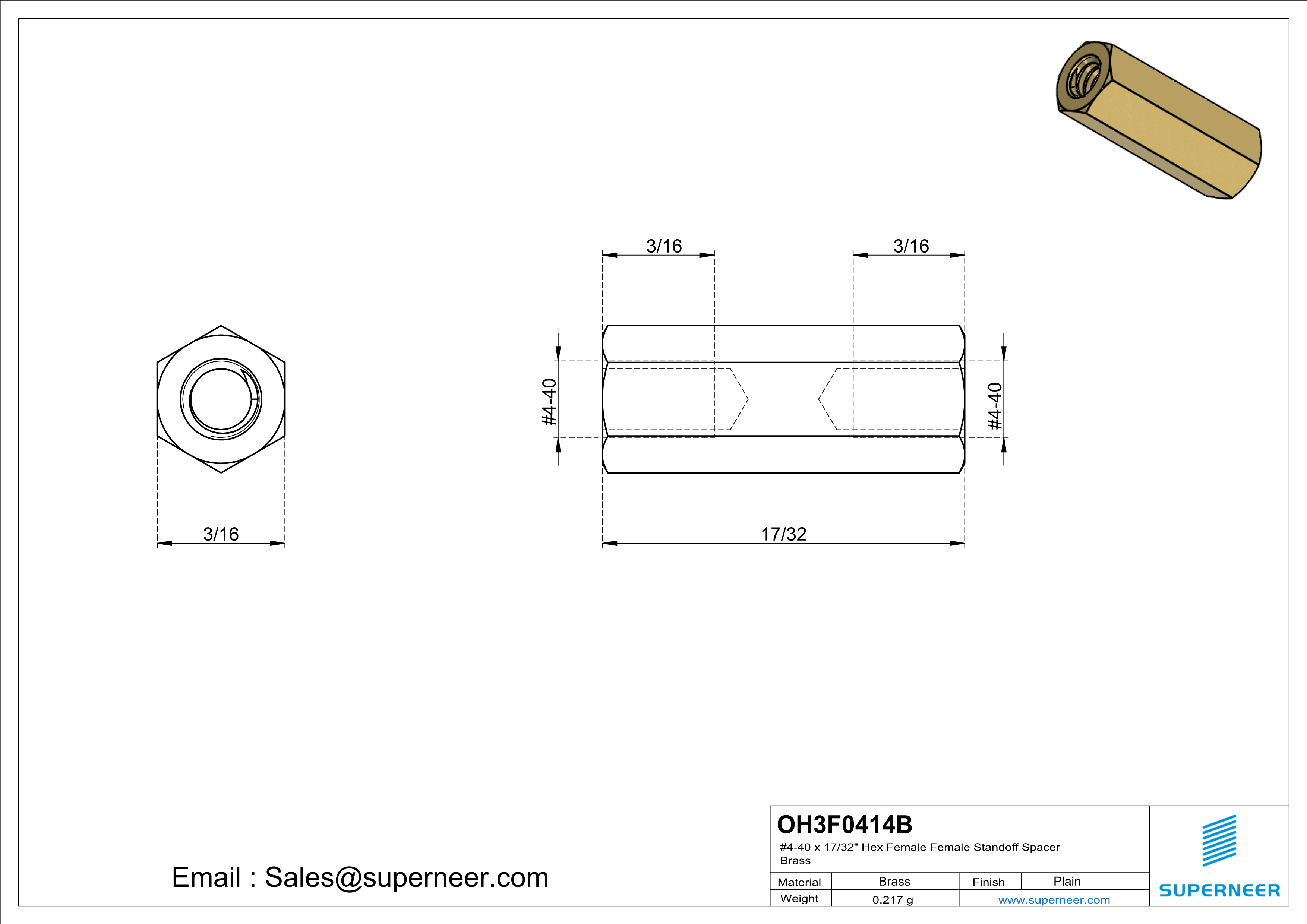 4-40 x 17/32" Hex Female Female Standoff Spacer Brass 