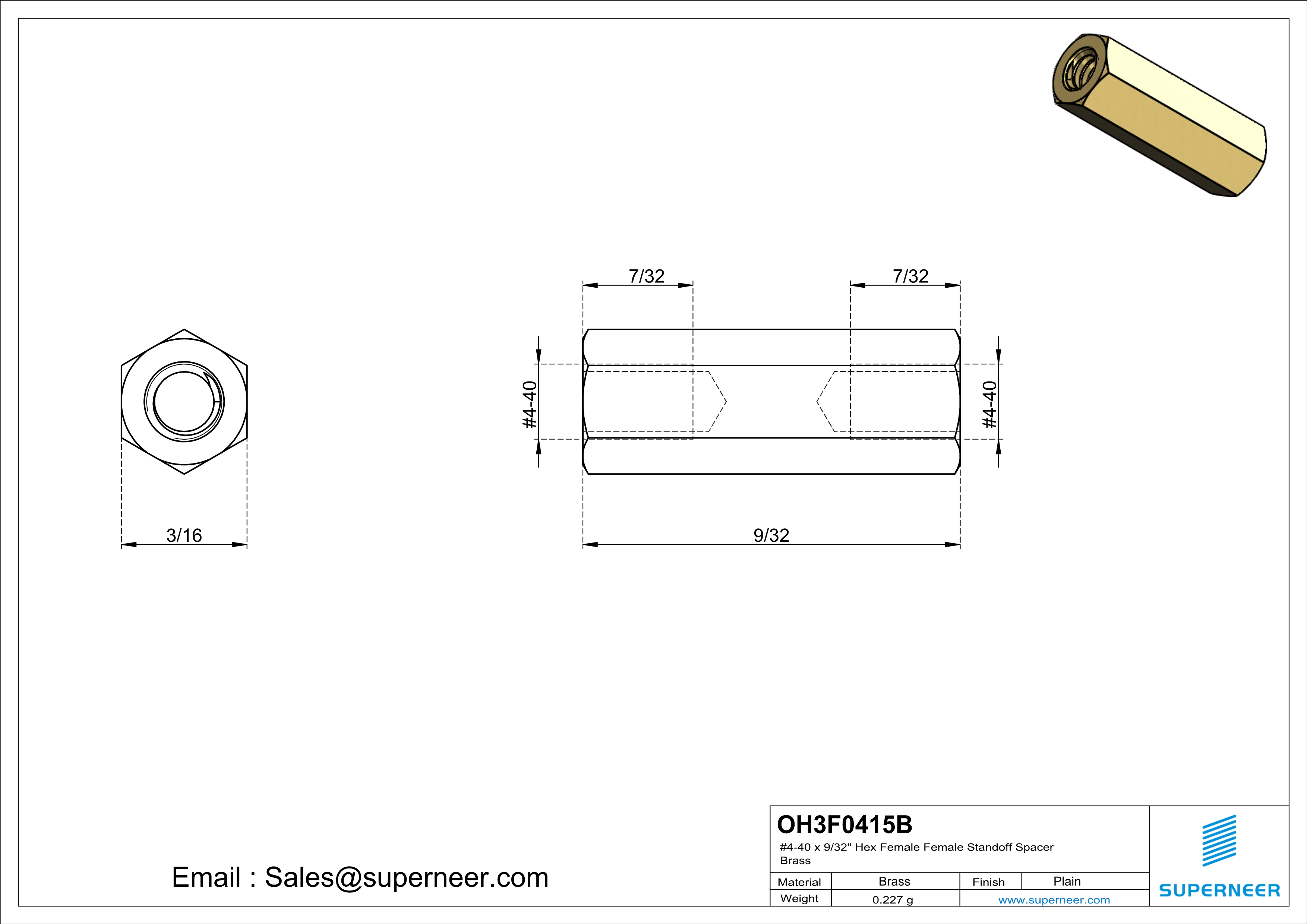 4-40 x 9/16" Hex Female Female Standoff Spacer Brass 