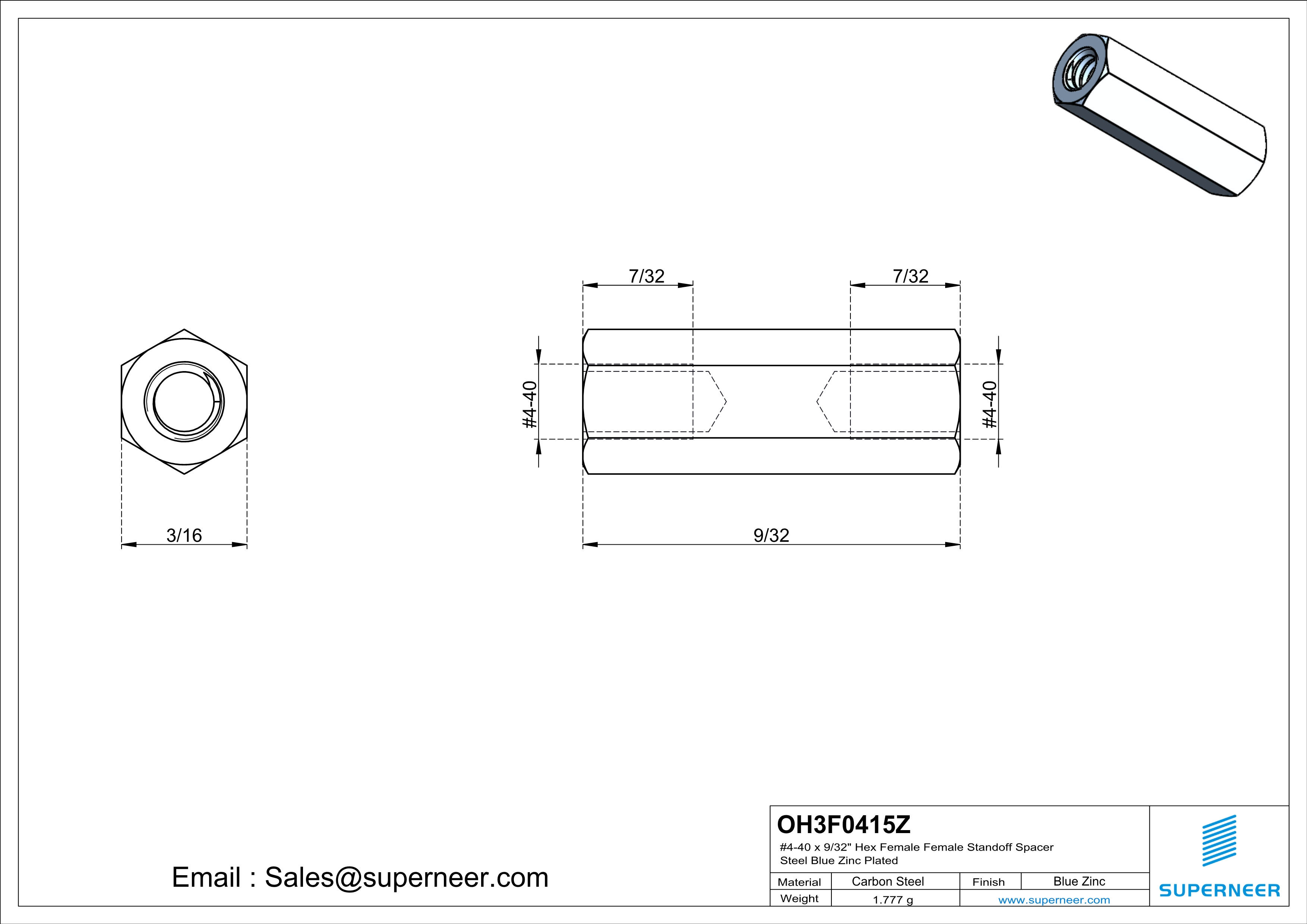 4-40 x 9/16" Hex Female Female Standoff Spacer Steel Blue Zinc Plated 