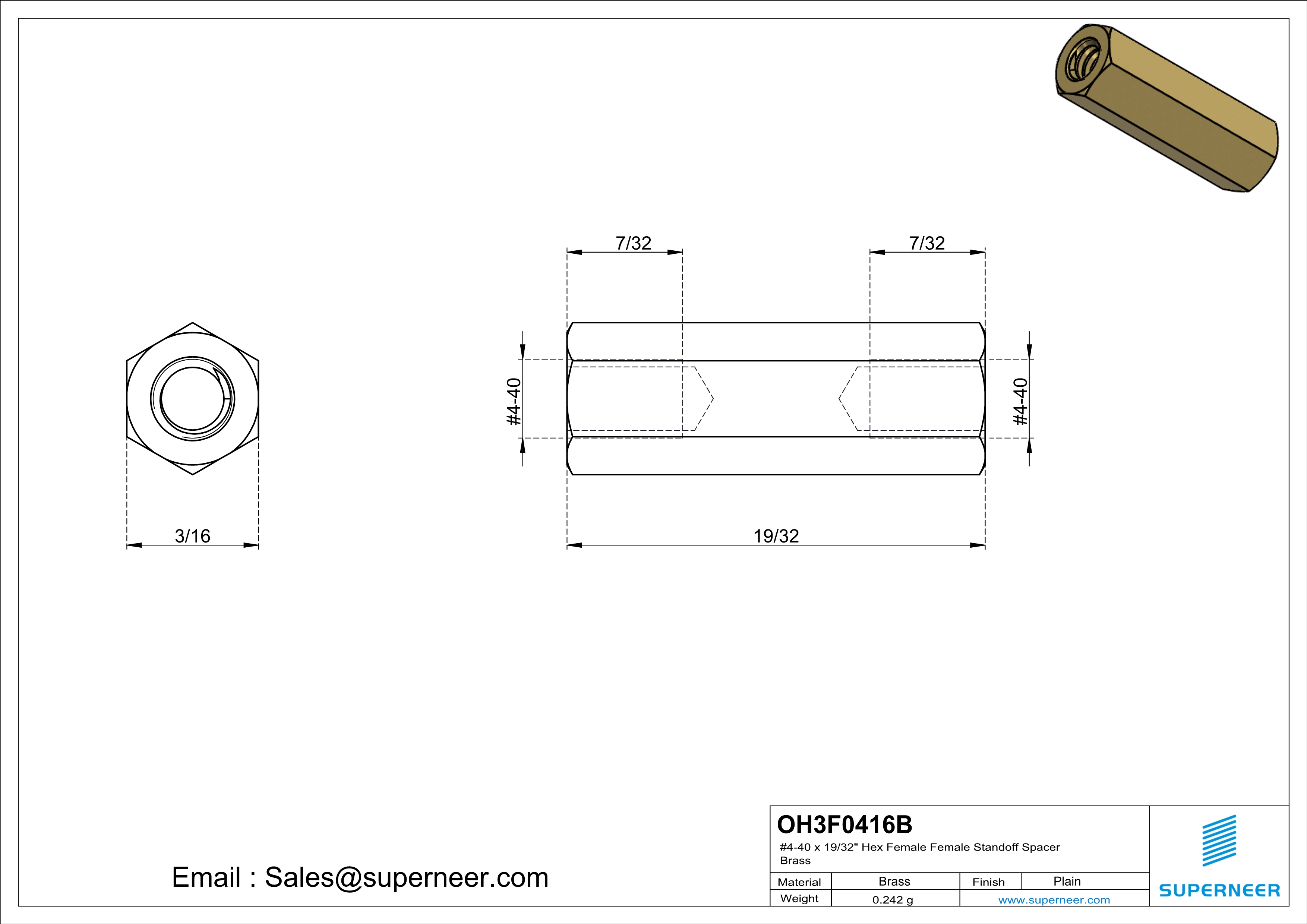 4-40 x 19/32" Hex Female Female Standoff Spacer Brass 