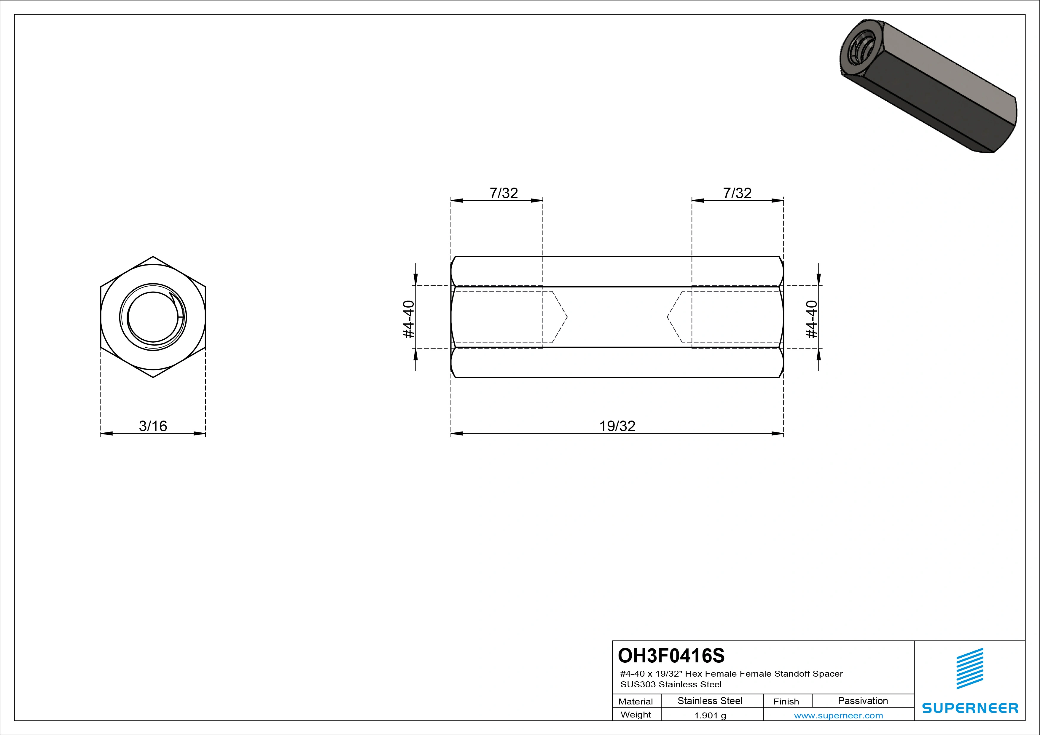 4-40 x 19/32" Hex Female Female Standoff Spacer SUS303 Stainless Steel Inox 