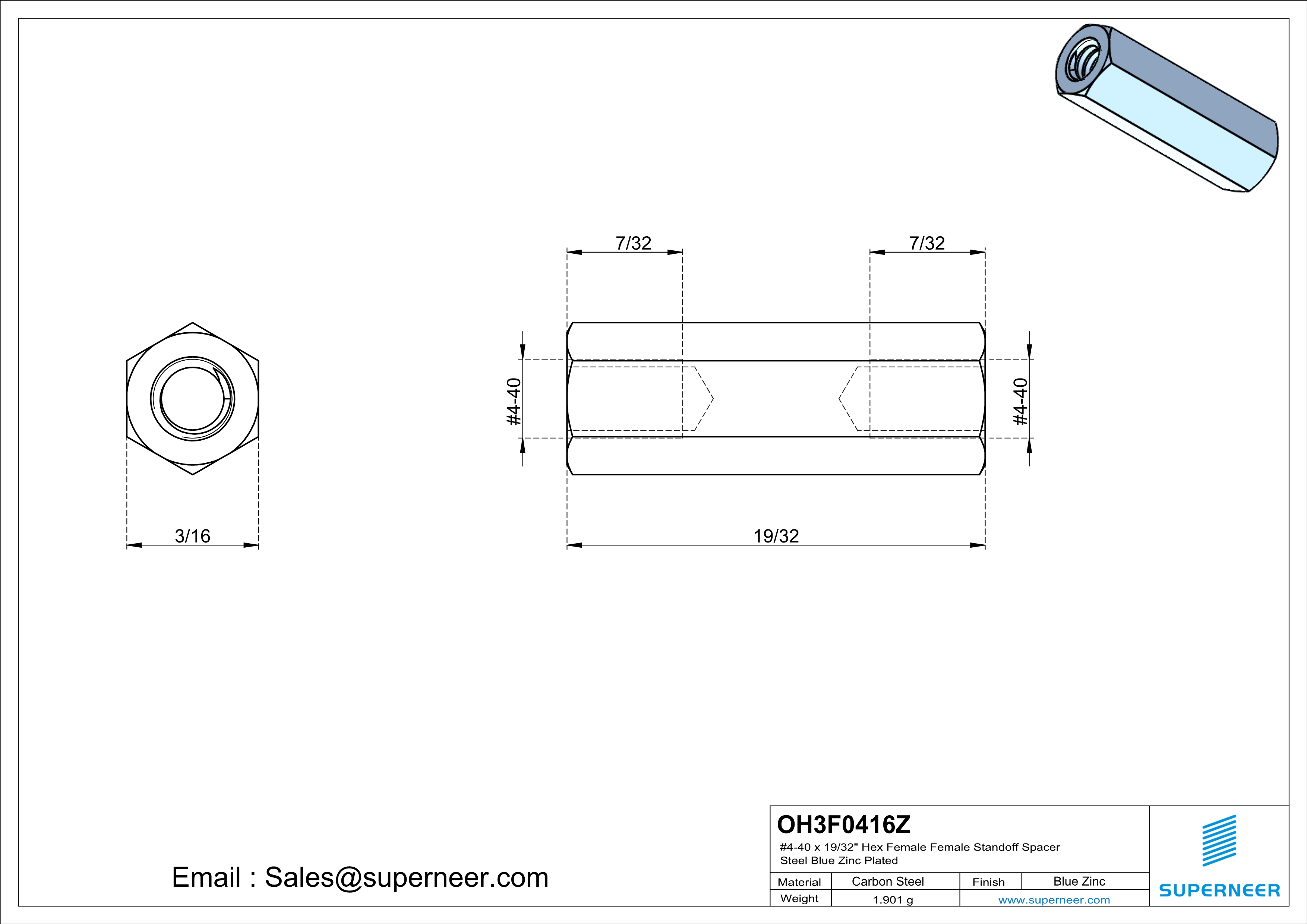 4-40 x 19/32" Hex Female Female Standoff Spacer Steel Blue Zinc Plated 