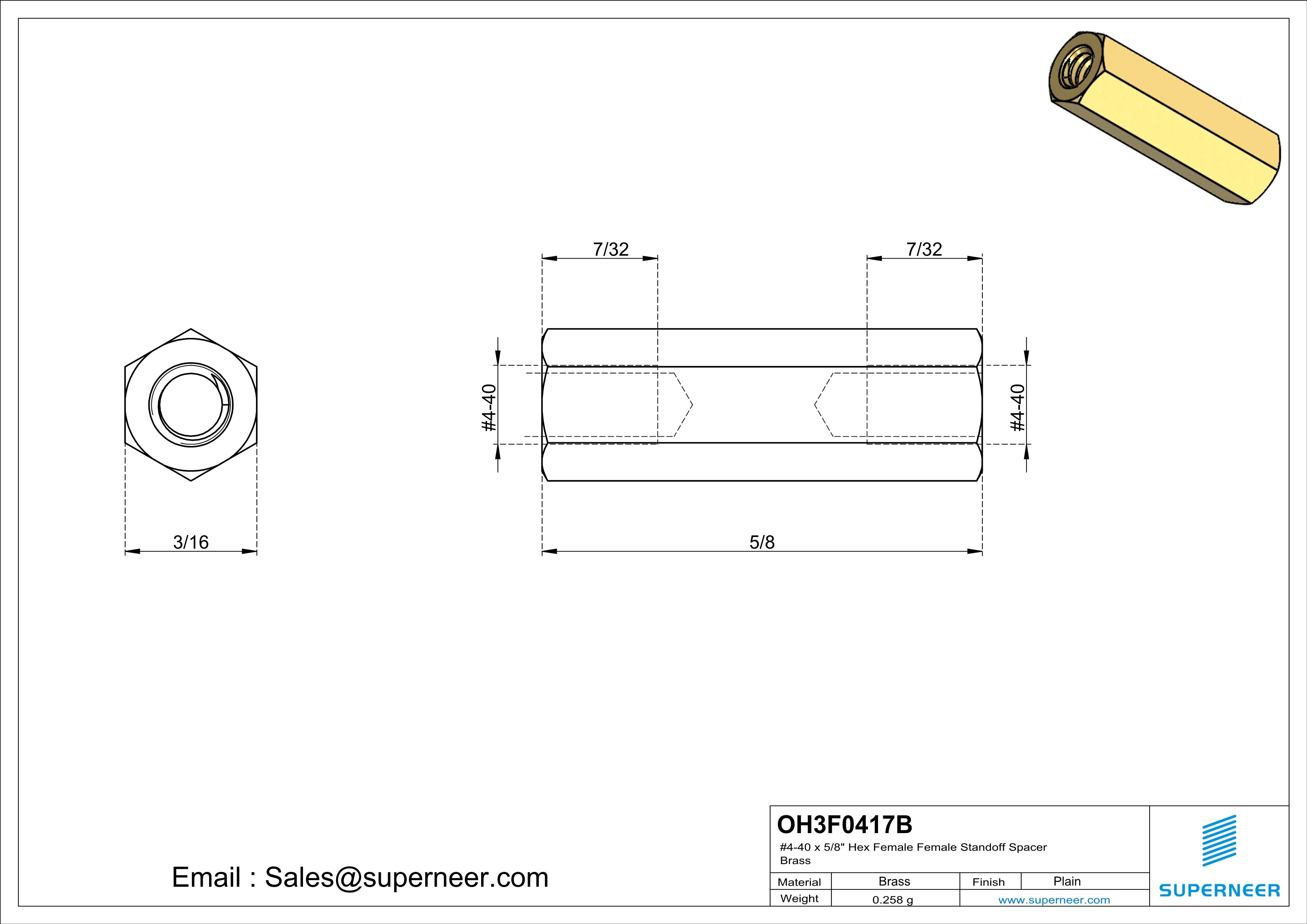 4-40 x 5/8" Hex Female Female Standoff Spacer Brass 