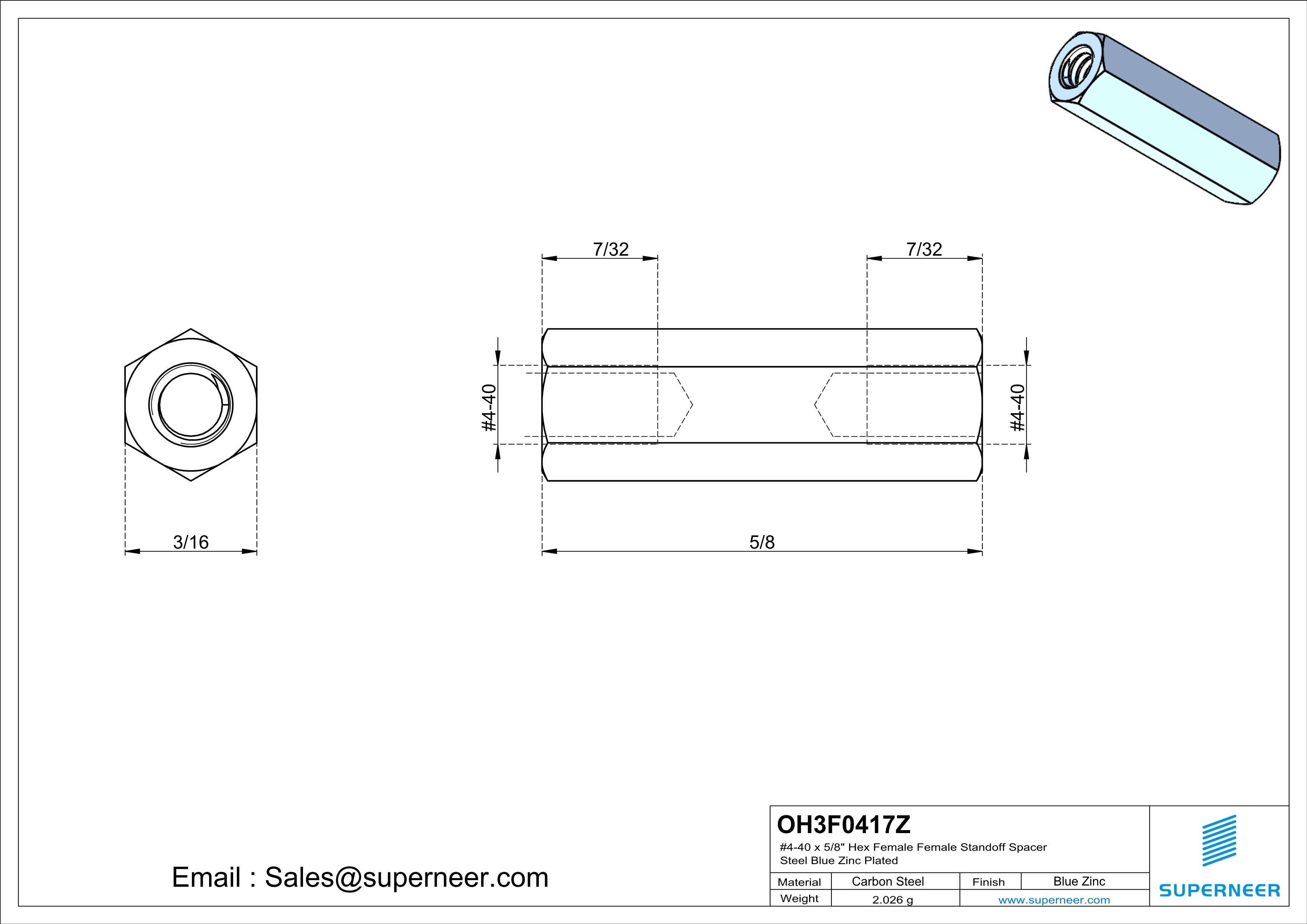 4-40 x 5/8" Hex Female Female Standoff Spacer Steel Blue Zinc Plated 