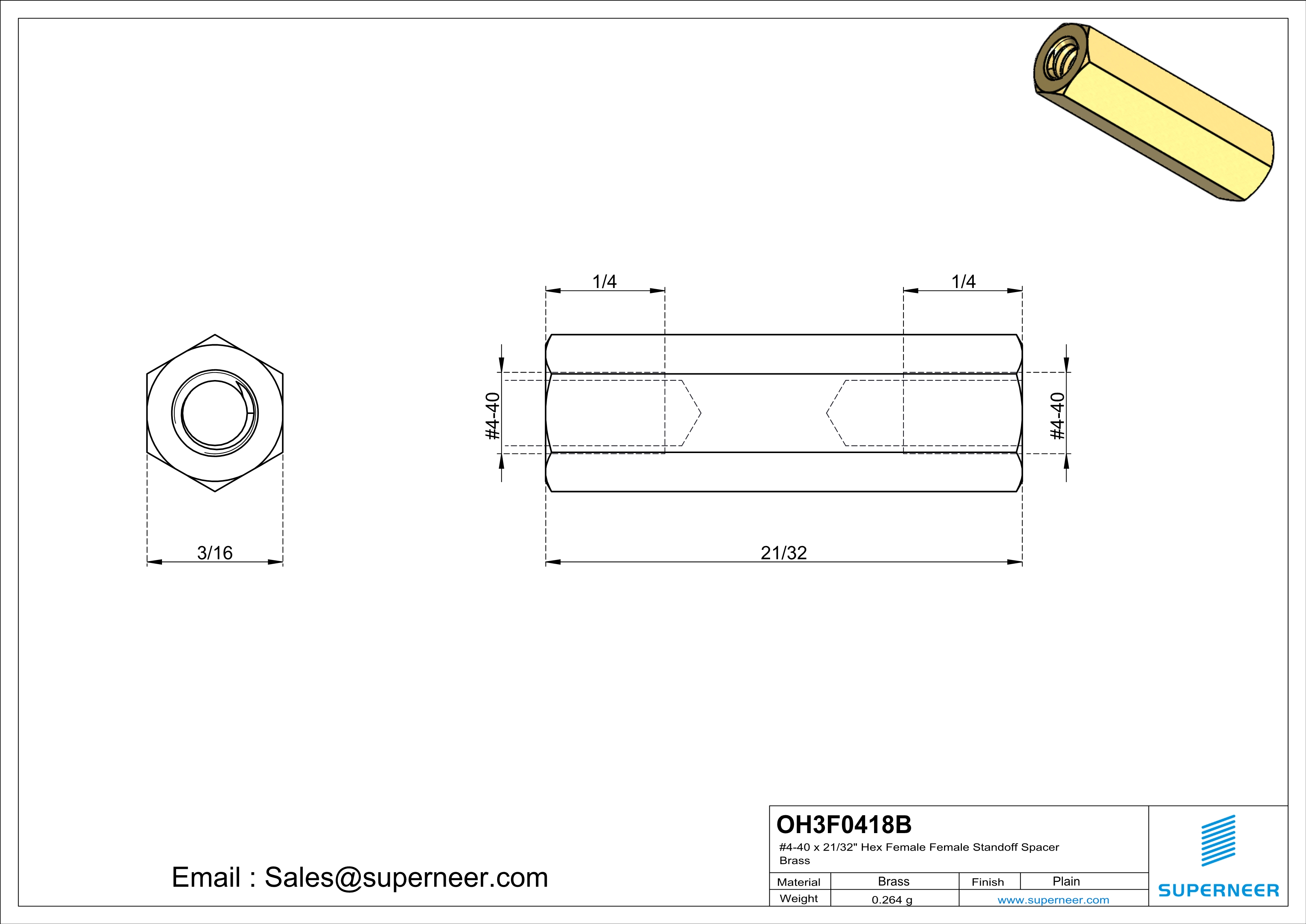 4-40 x 21/32" Hex Female Female Standoff Spacer Brass 