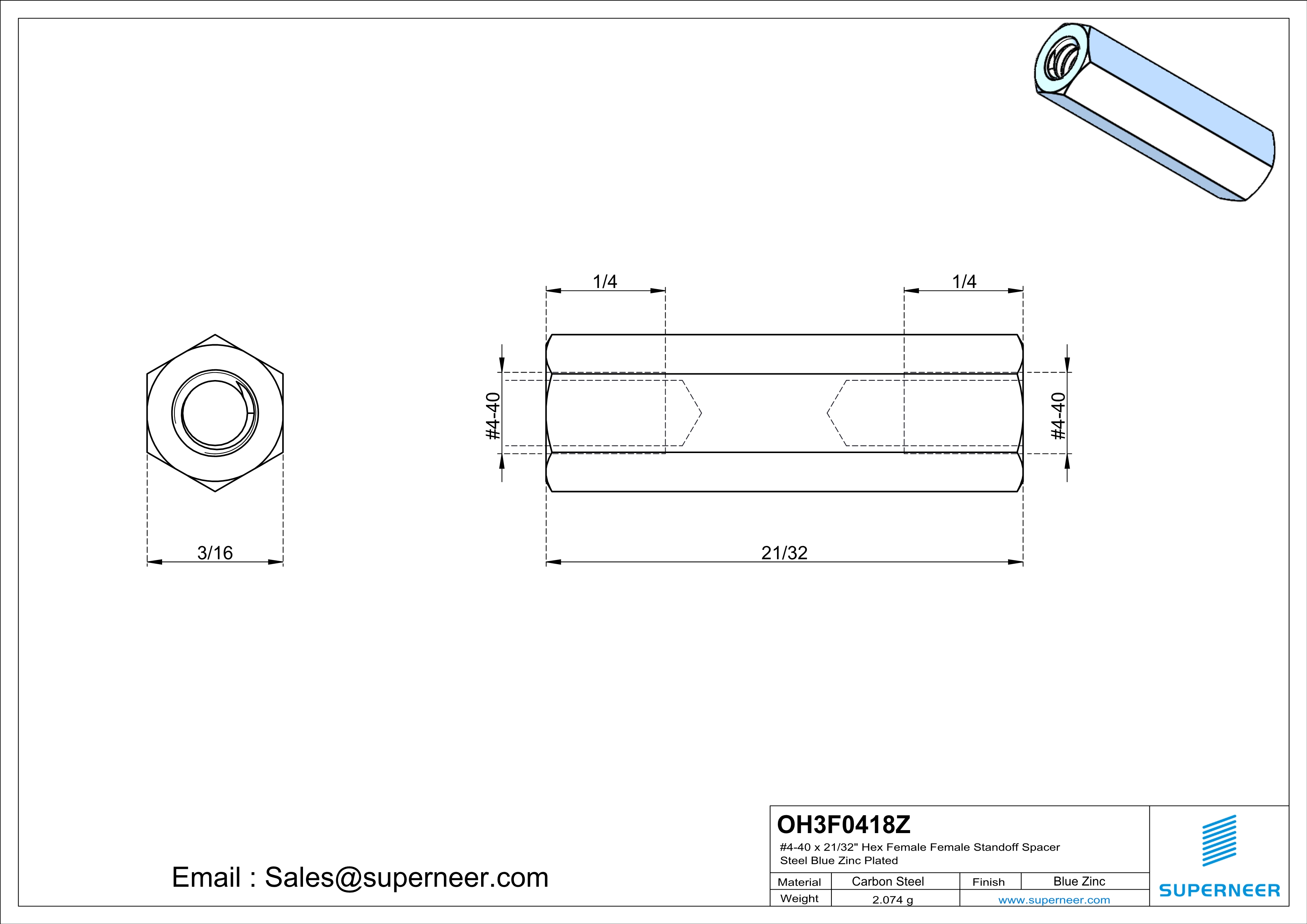 4-40 x 21/32" Hex Female Female Standoff Spacer Steel Blue Zinc Plated 