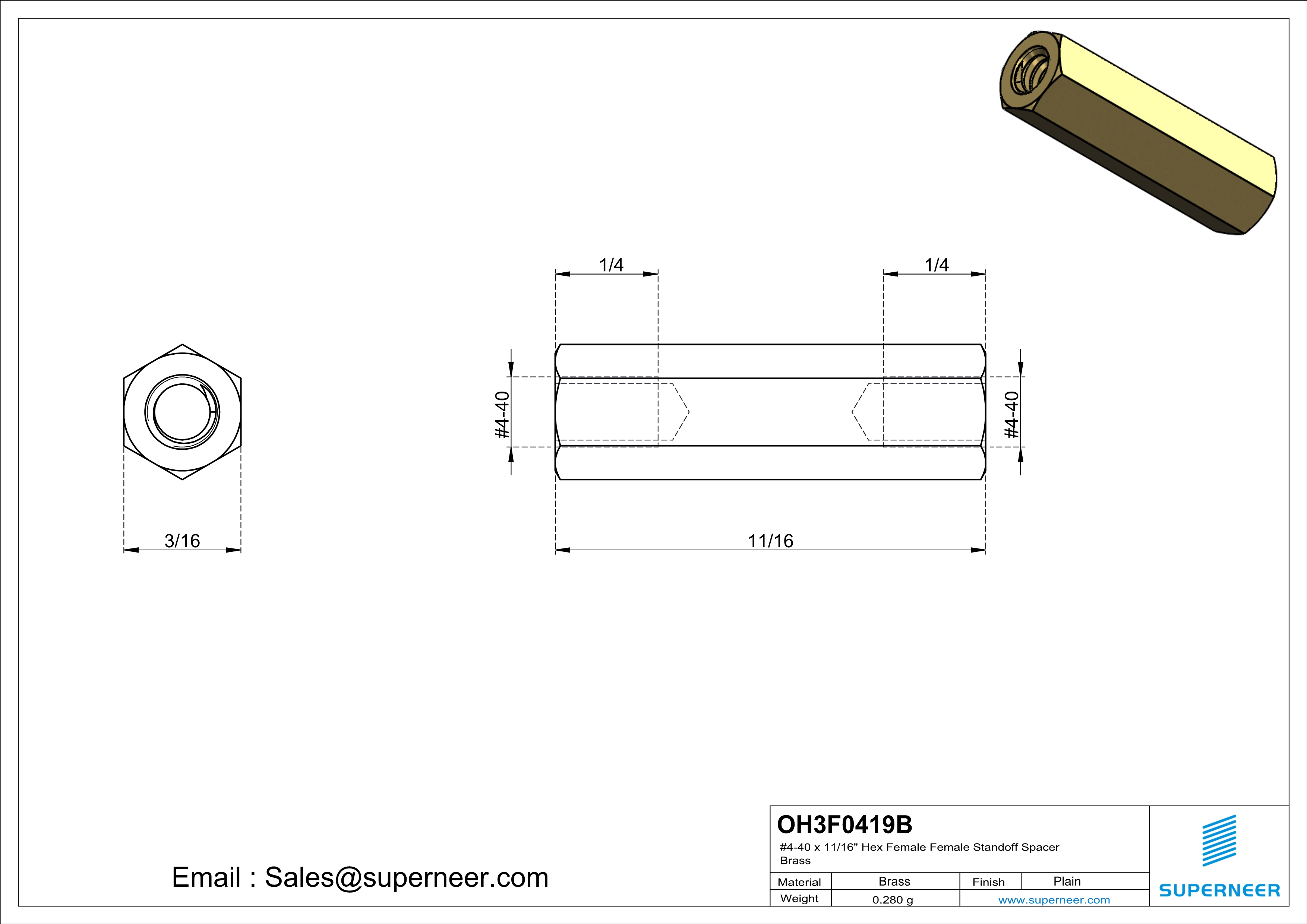 4-40 x 11/16" Hex Female Female Standoff Spacer Brass 