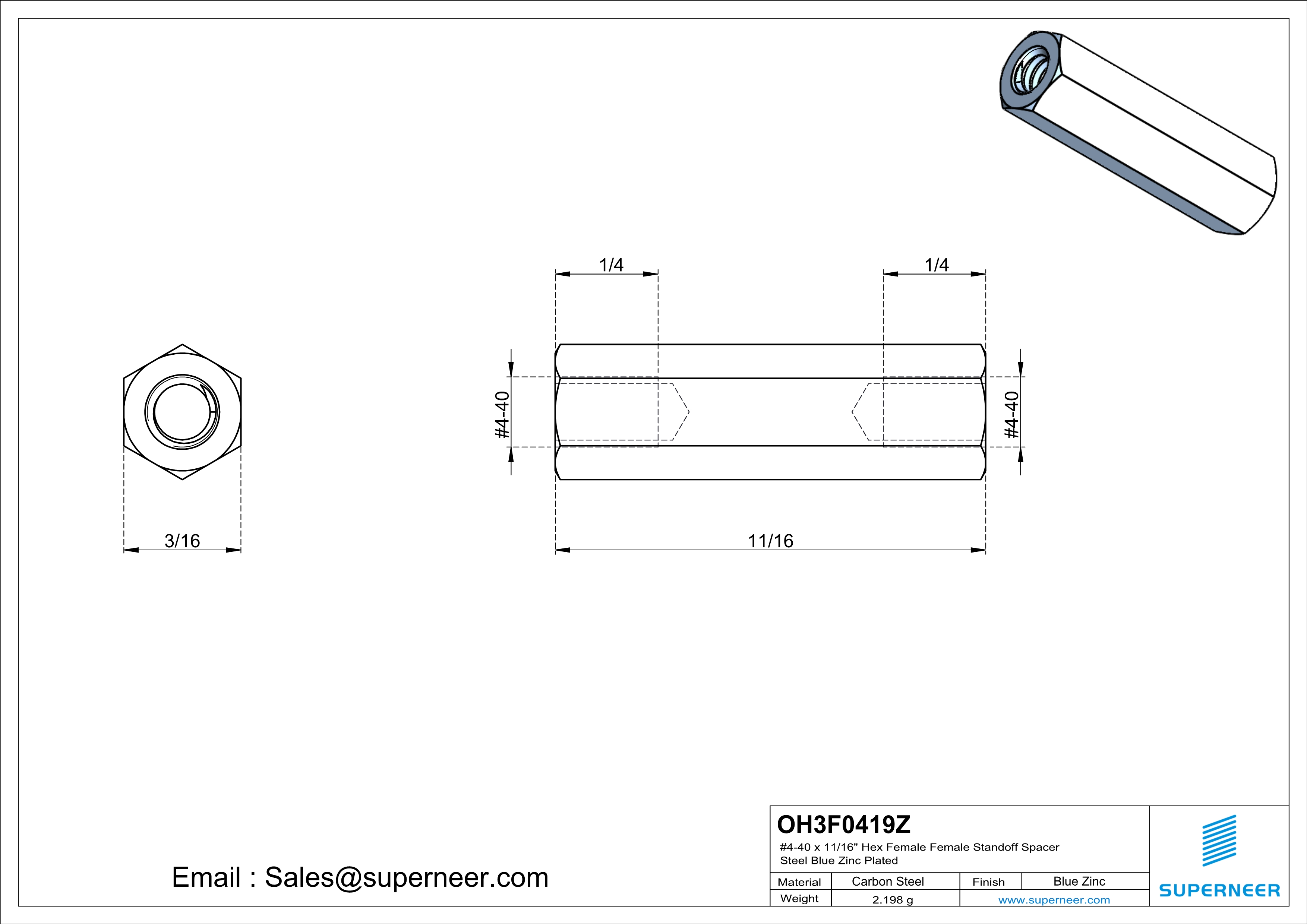 4-40 x 11/16" Hex Female Female Standoff Spacer Steel Blue Zinc Plated 