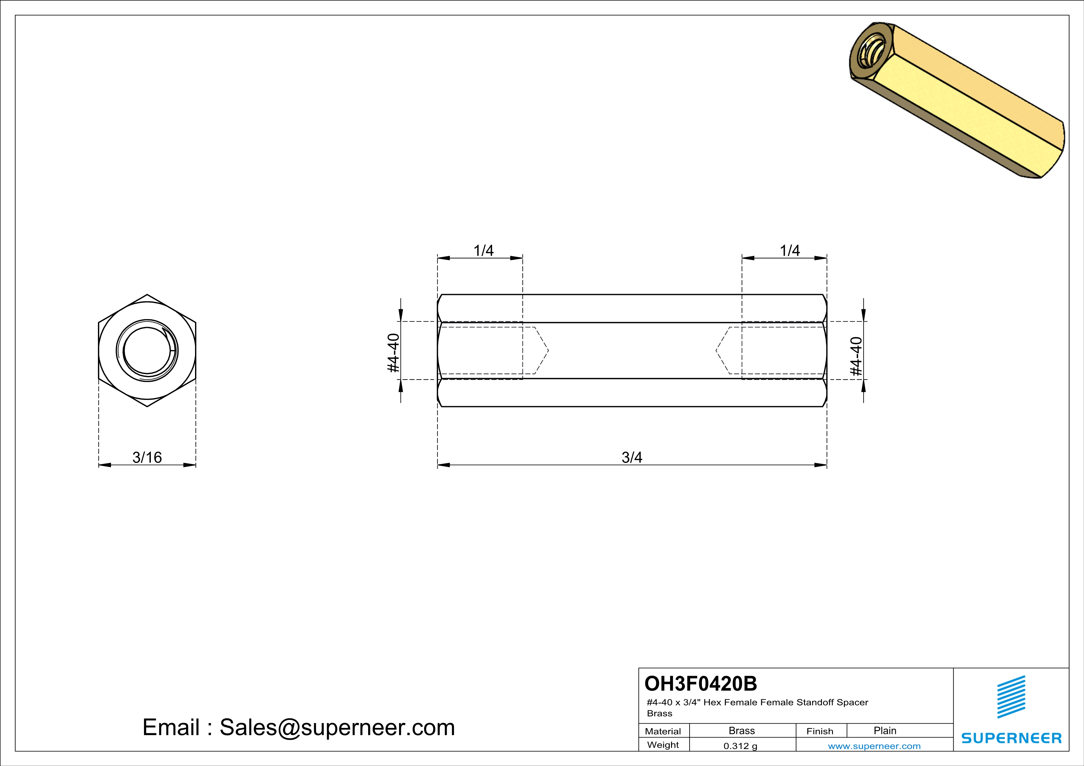 4-40 x 3/4" Hex Female Female Standoff Spacer Brass 