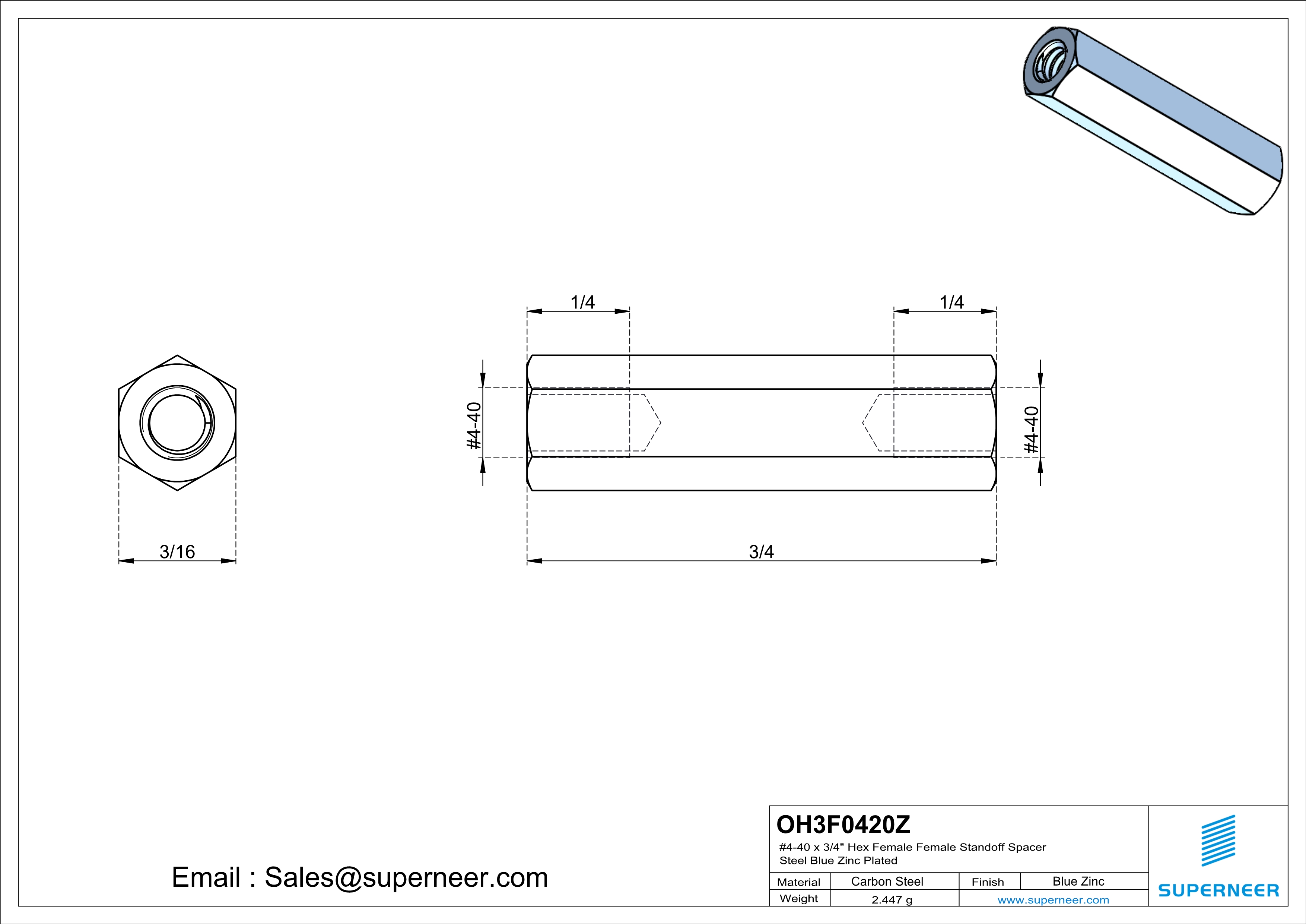 4-40 x 3/4" Hex Female Female Standoff Spacer Steel Blue Zinc Plated 