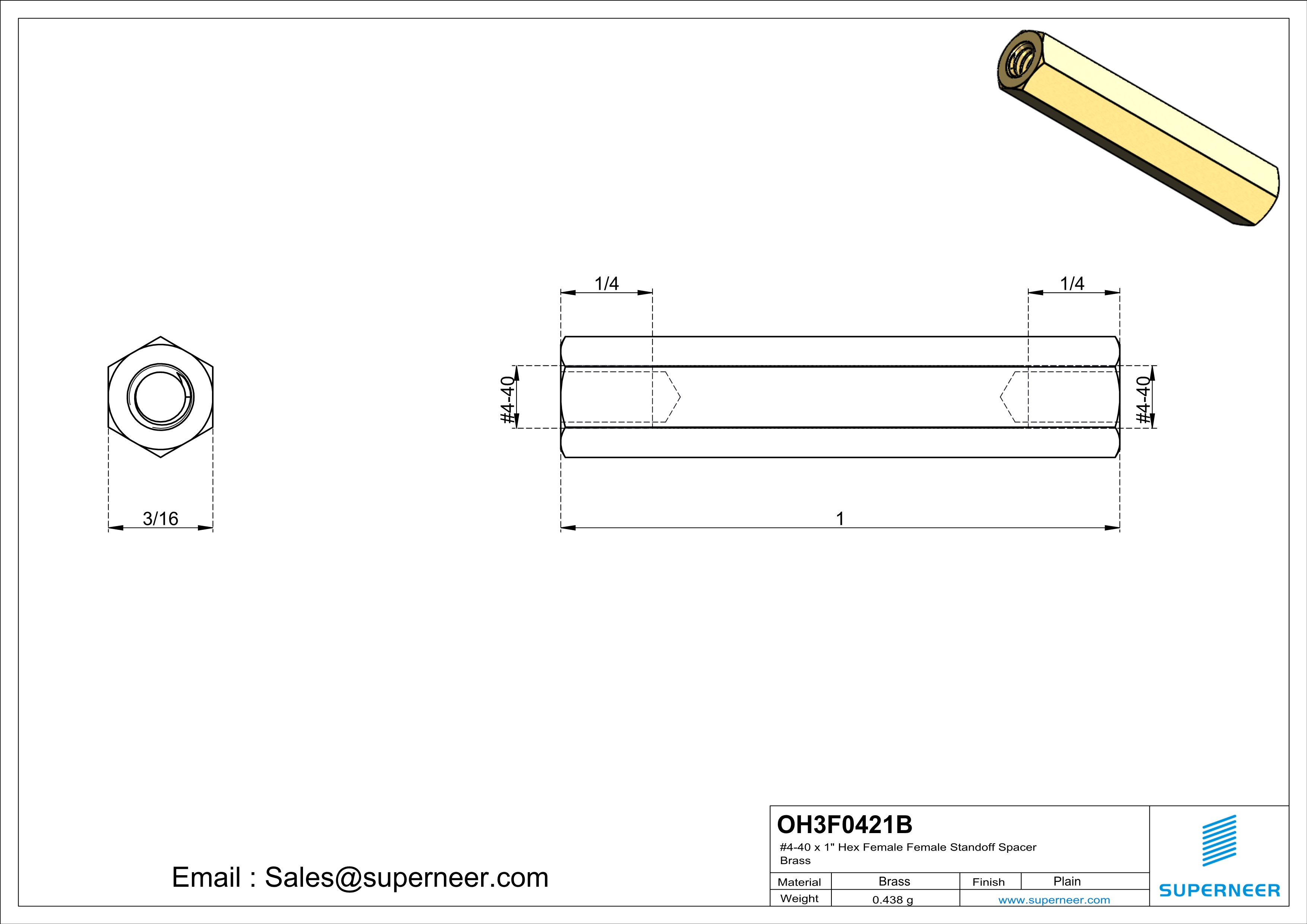 4-40 x 1" Hex Female Female Standoff Spacer Brass 