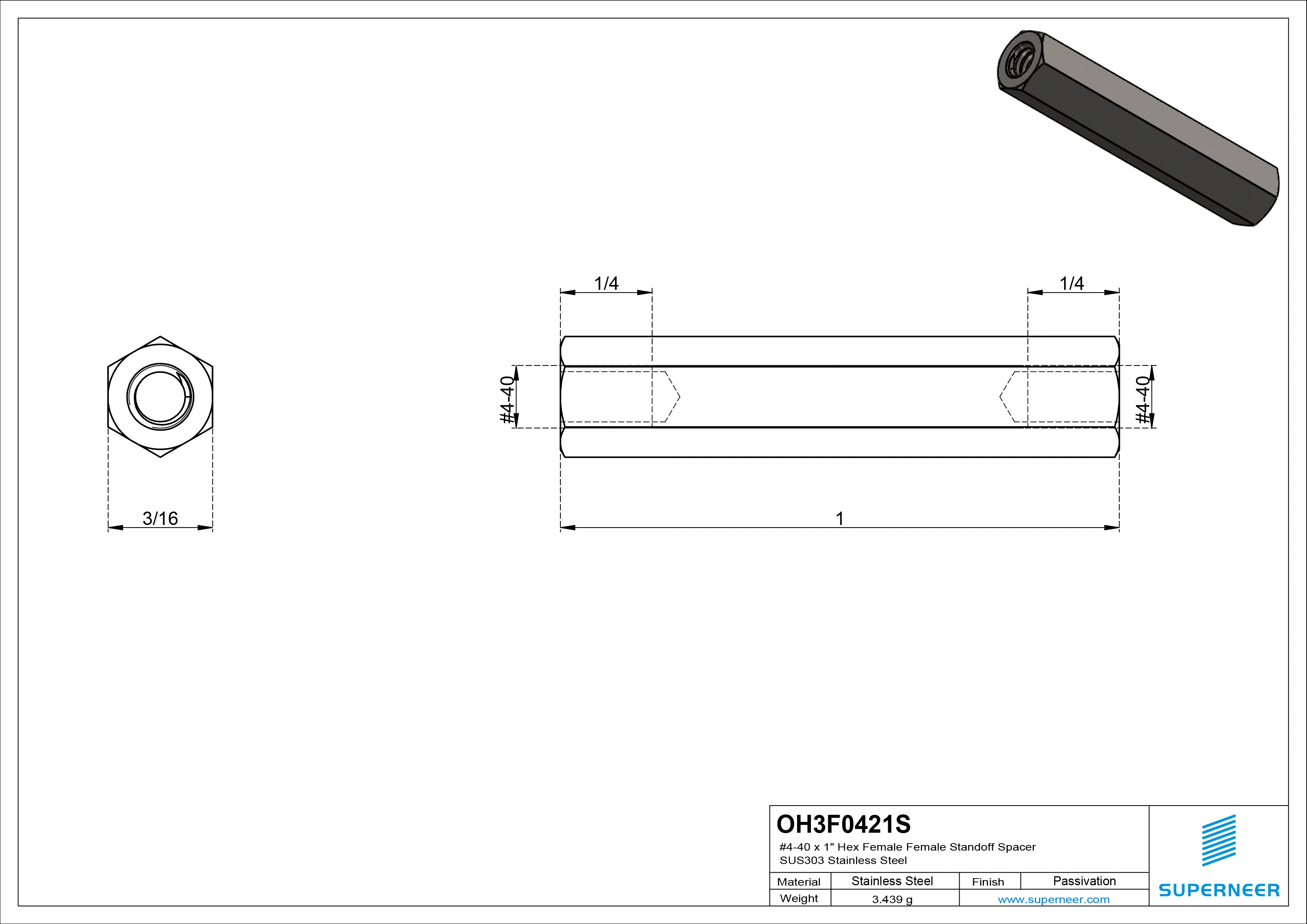 4-40 x 1" Hex Female Female Standoff Spacer SUS303 Stainless Steel Inox 