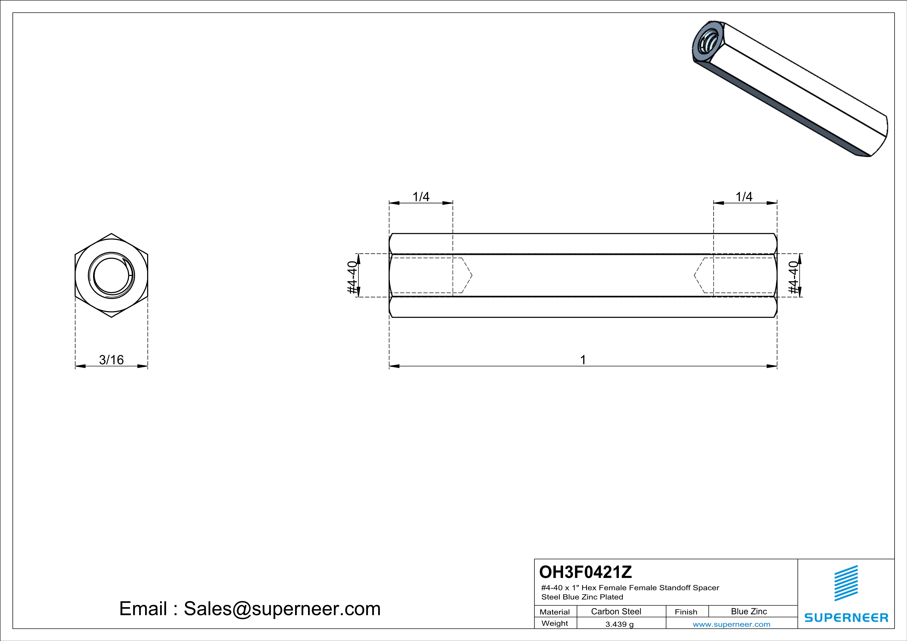 4-40 x 1" Hex Female Female Standoff Spacer Steel Blue Zinc Plated 