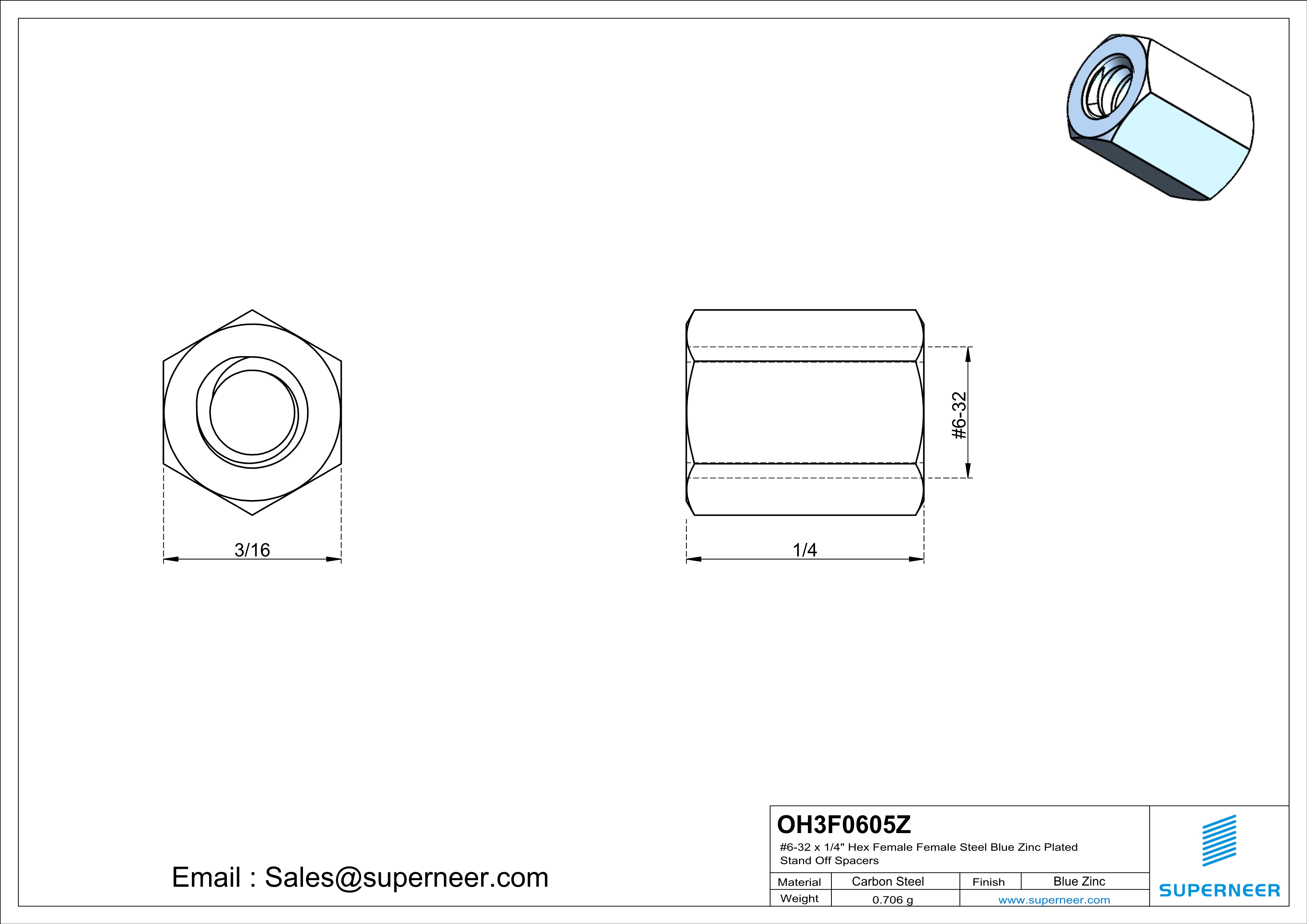 6-32 x 1/4" Hex Female Female Steel Blue Zinc Plated Stand Off Spacers 