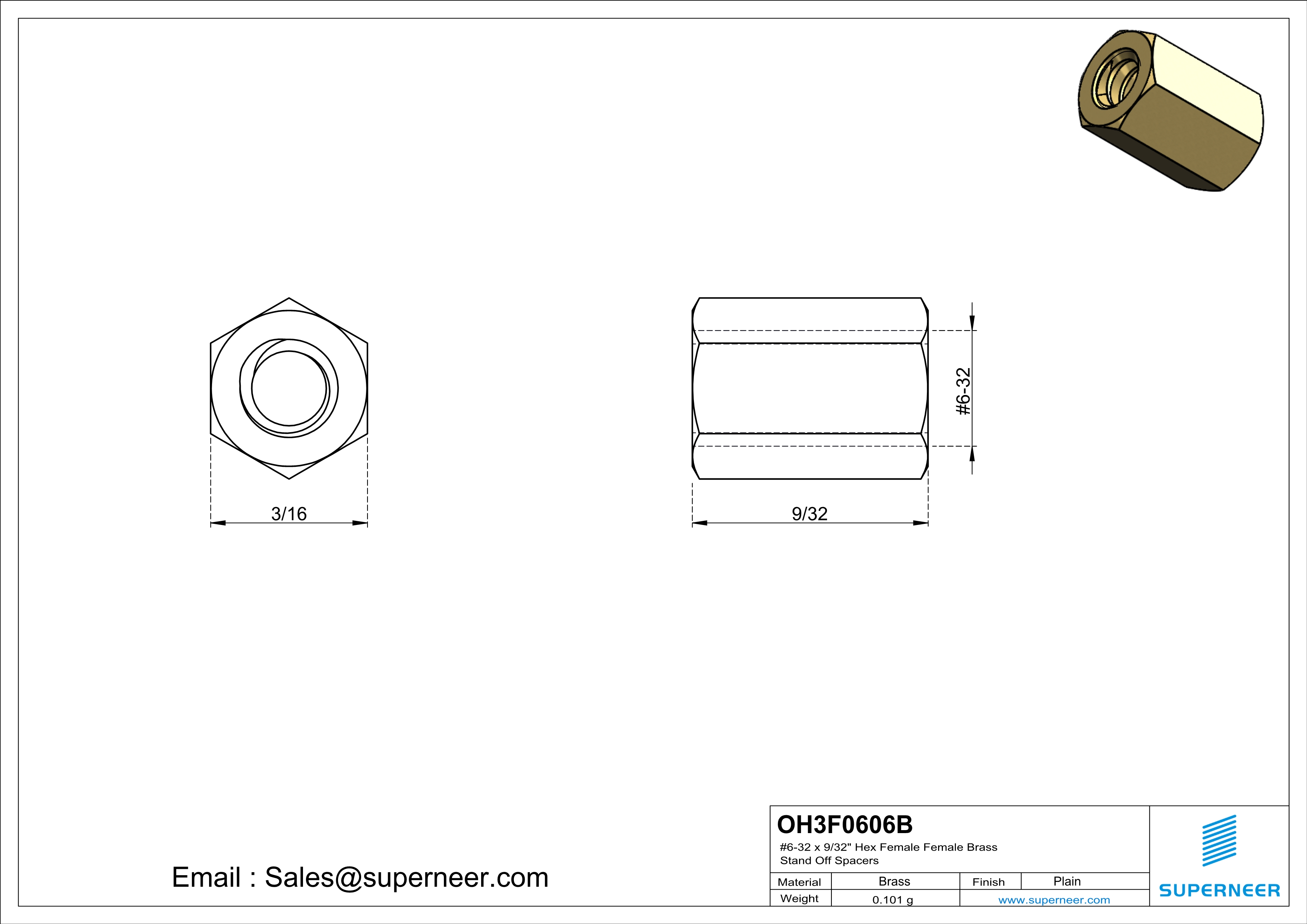 6-32 x 9/32" Hex Female Female Brass Stand Off Spacers 