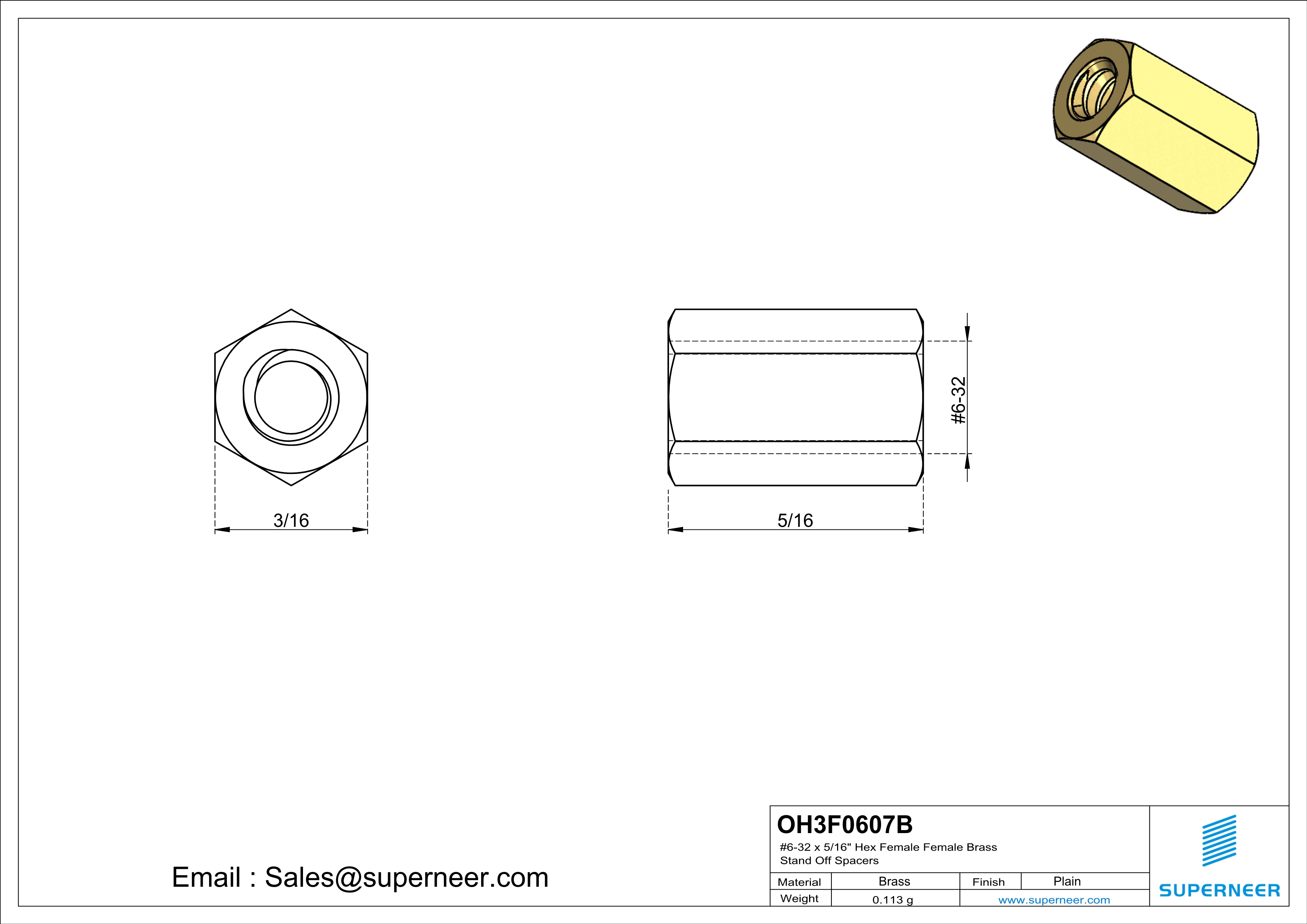 6-32 x 5/16" Hex Female Female Brass Stand Off Spacers 