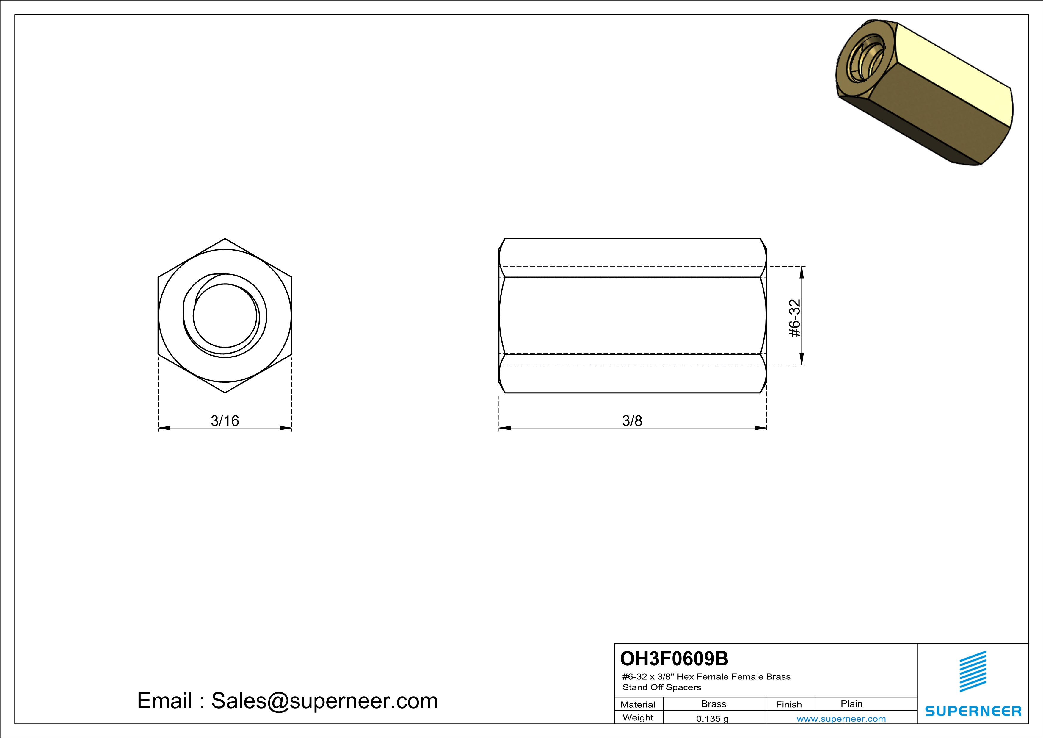 6-32 x 3/8" Hex Female Female Brass Stand Off Spacers 