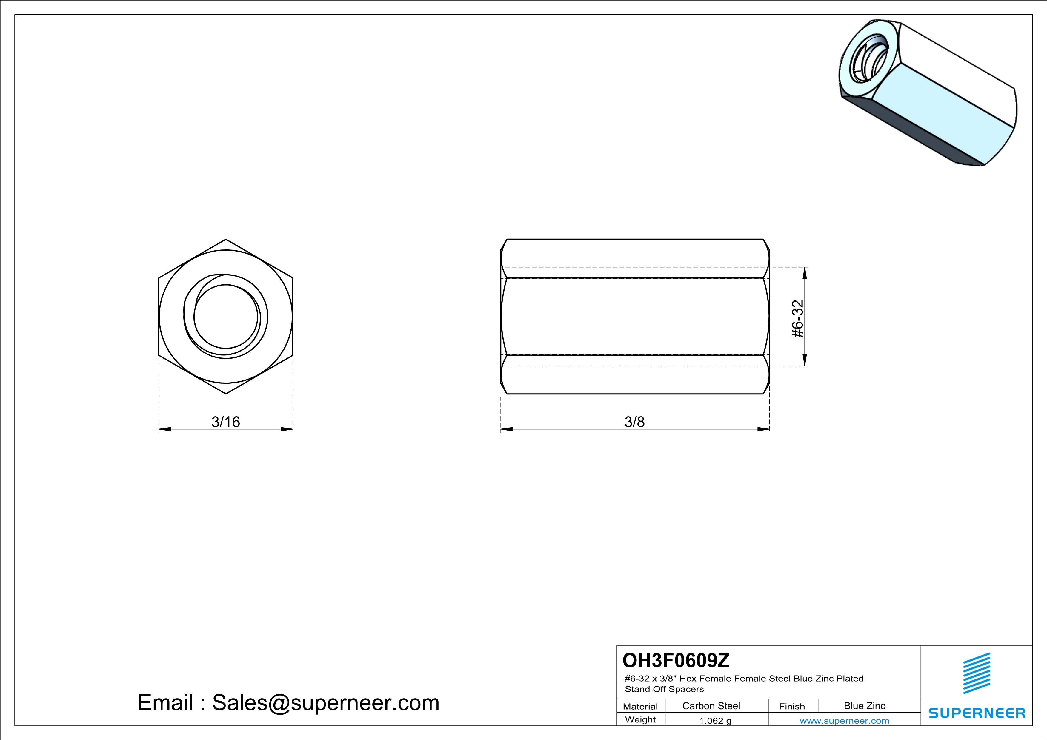 6-32 x 3/8" Hex Female Female Steel Blue Zinc Plated Stand Off Spacers 