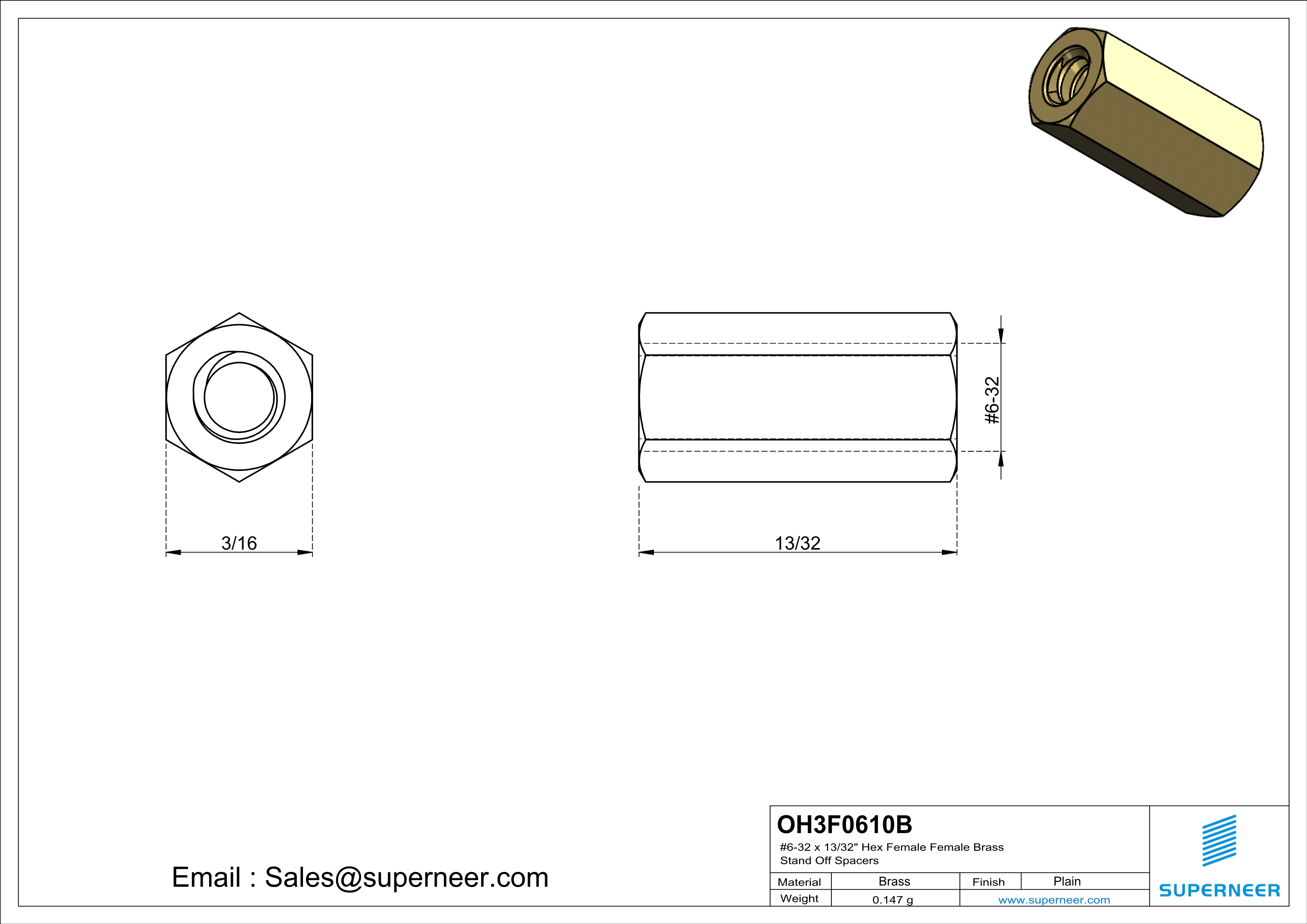 6-32 x 13/32" Hex Female Female Brass Stand Off Spacers 