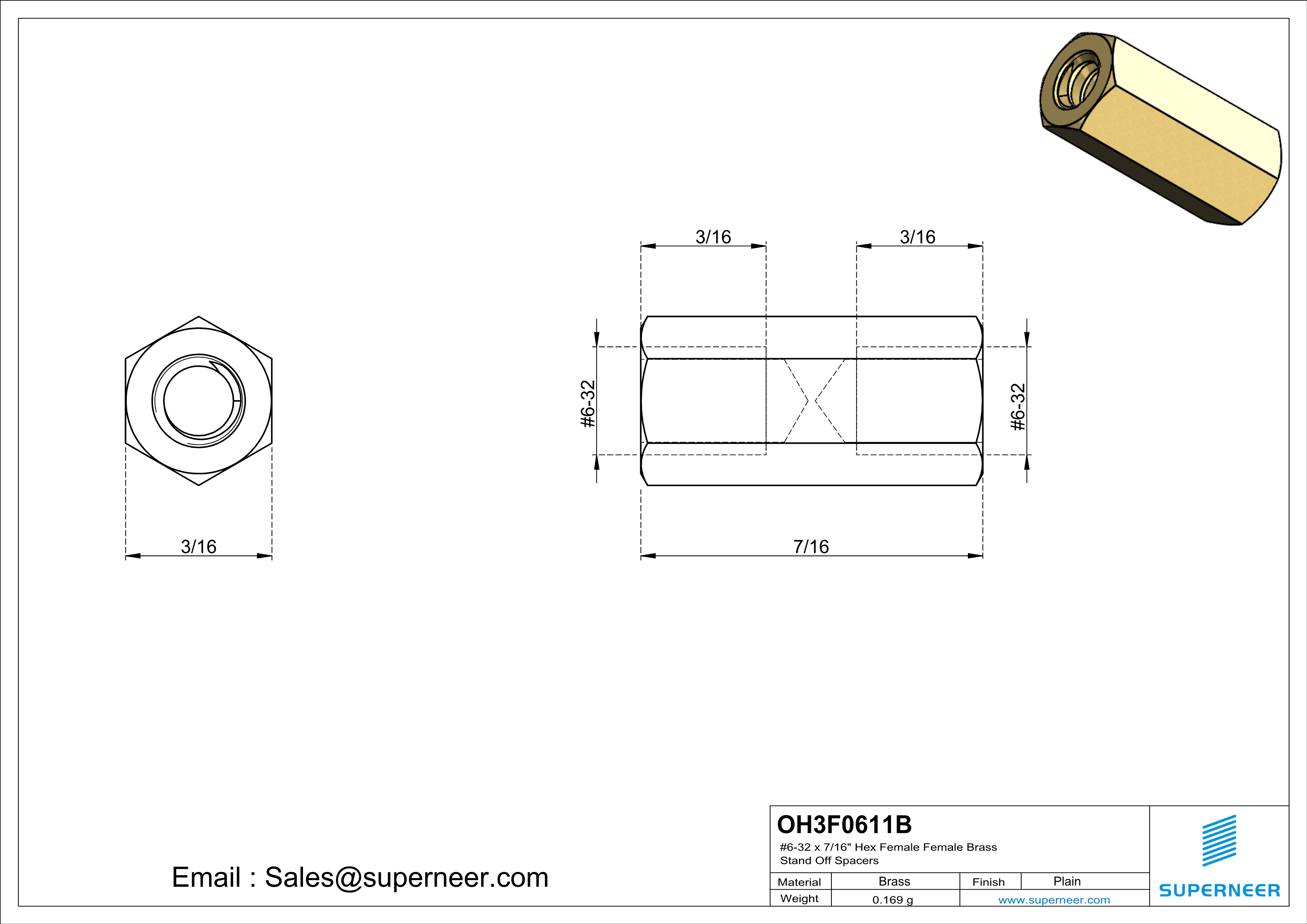 6-32 x 7/16" Hex Female Female Brass Stand Off Spacers 