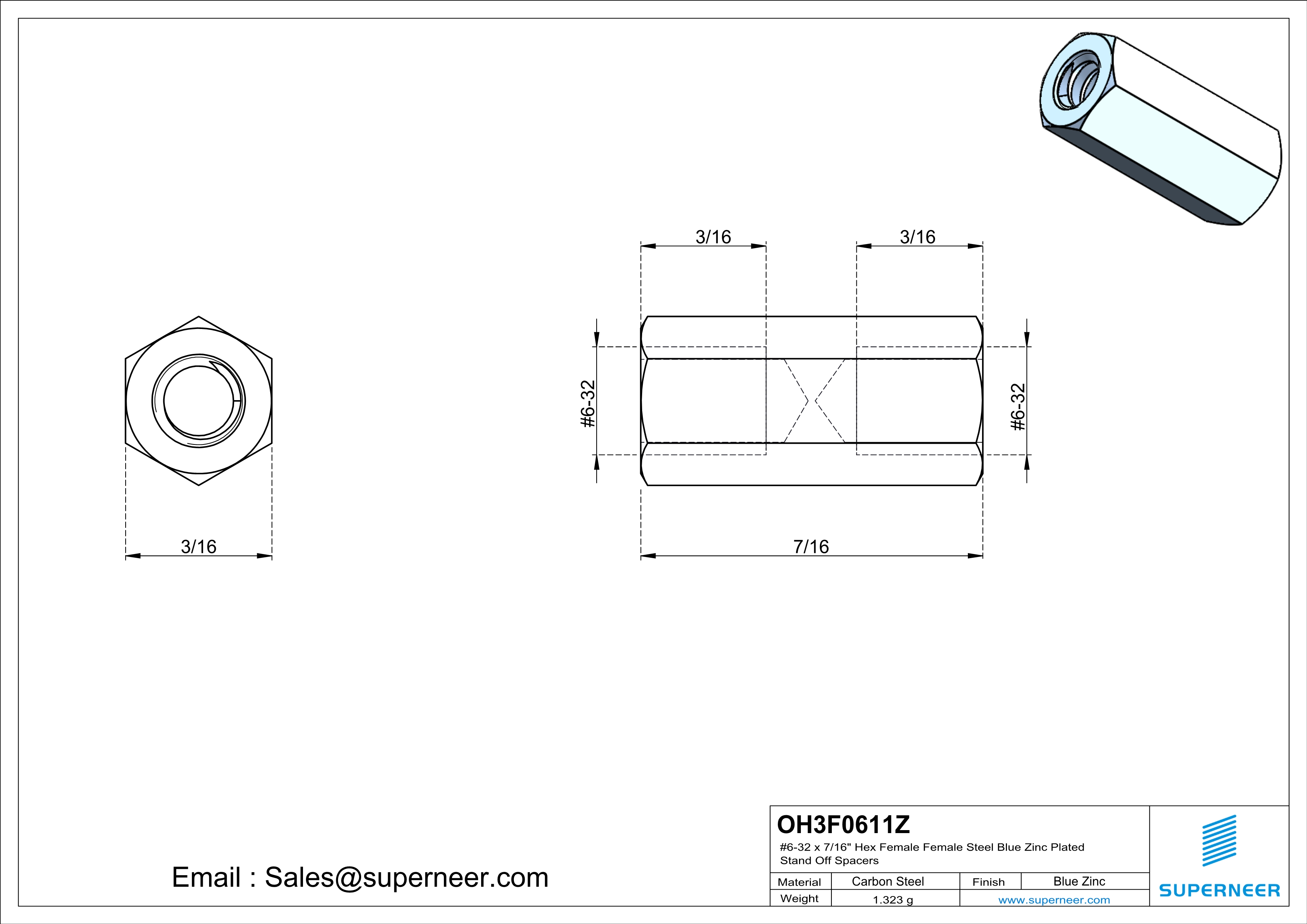 6-32 x 7/16" Hex Female Female Steel Blue Zinc Plated Stand Off Spacers 