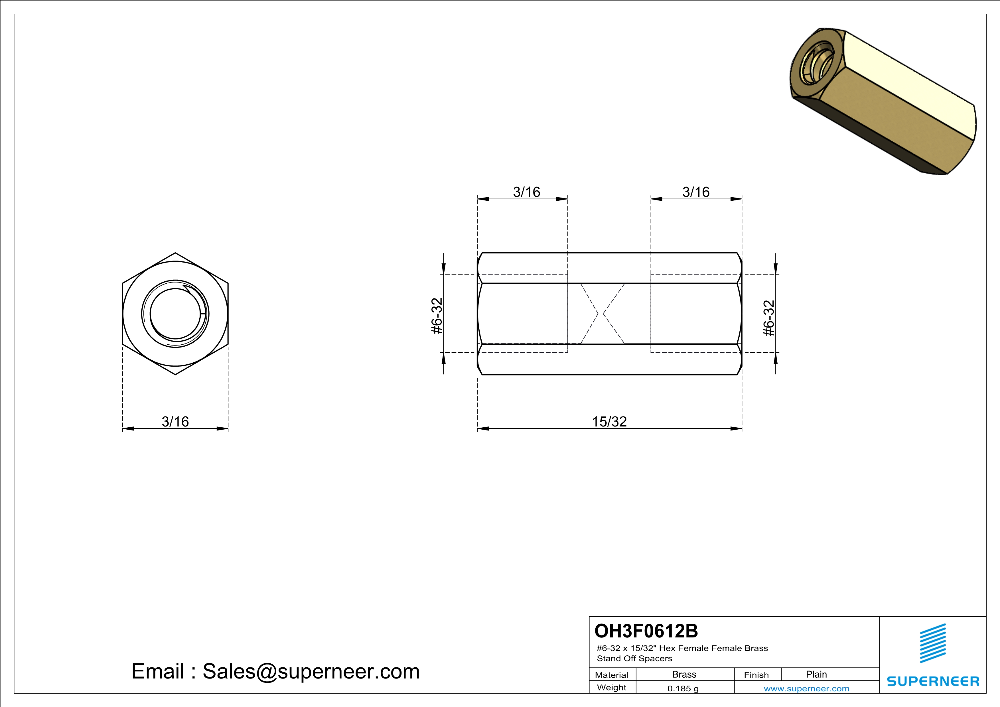 6-32 x 15/32" Hex Female Female Brass Stand Off Spacers 