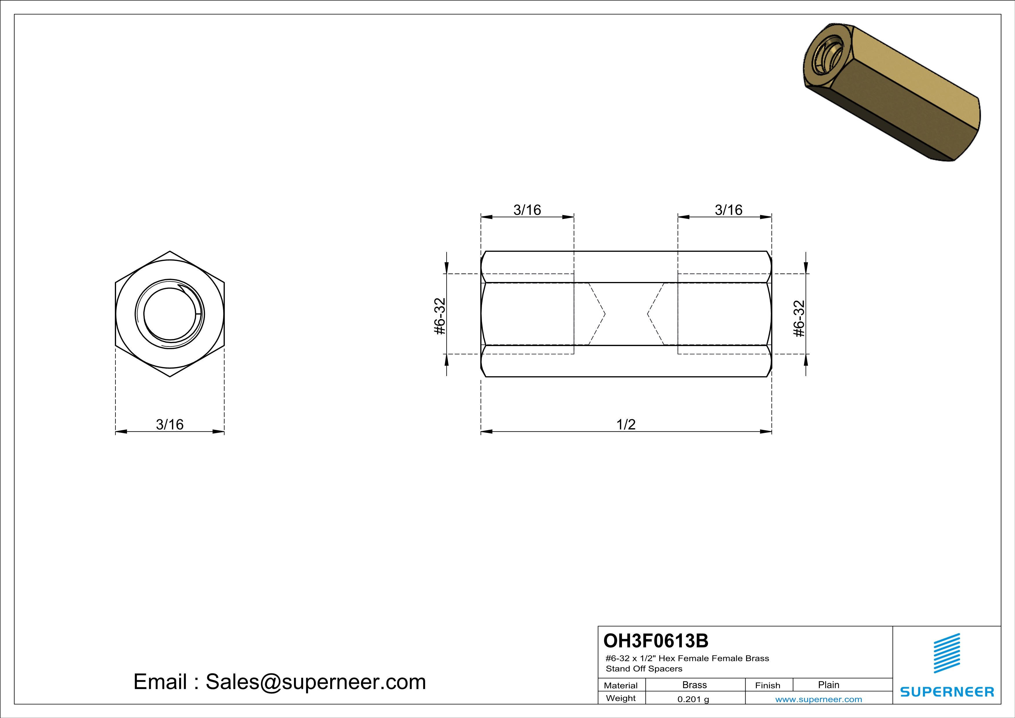 6-32 x 1/2" Hex Female Female Brass Stand Off Spacers 