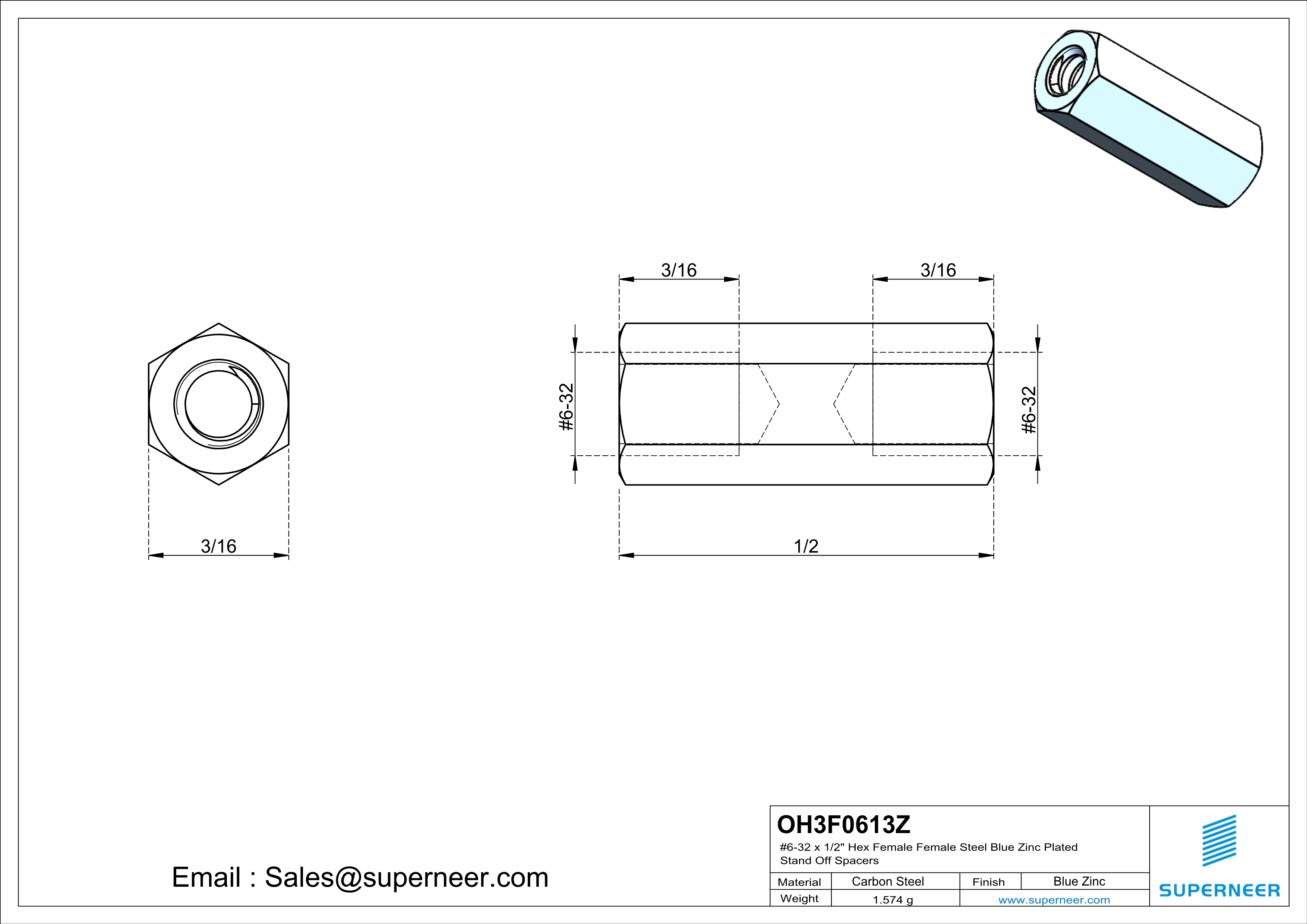 6-32 x 1/2" Hex Female Female Steel Blue Zinc Plated Stand Off Spacers 