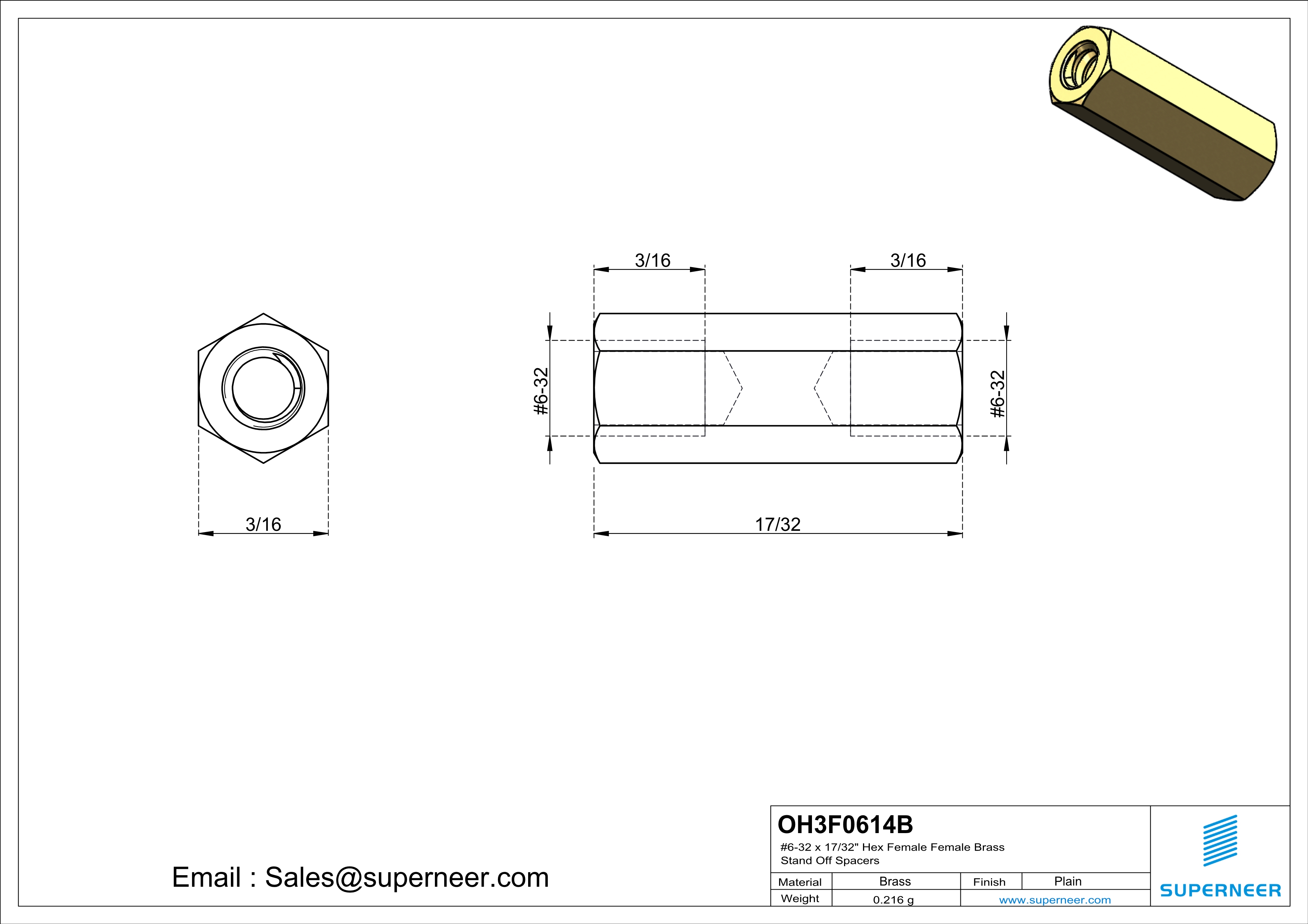 6-32 x 17/32" Hex Female Female Brass Stand Off Spacers 