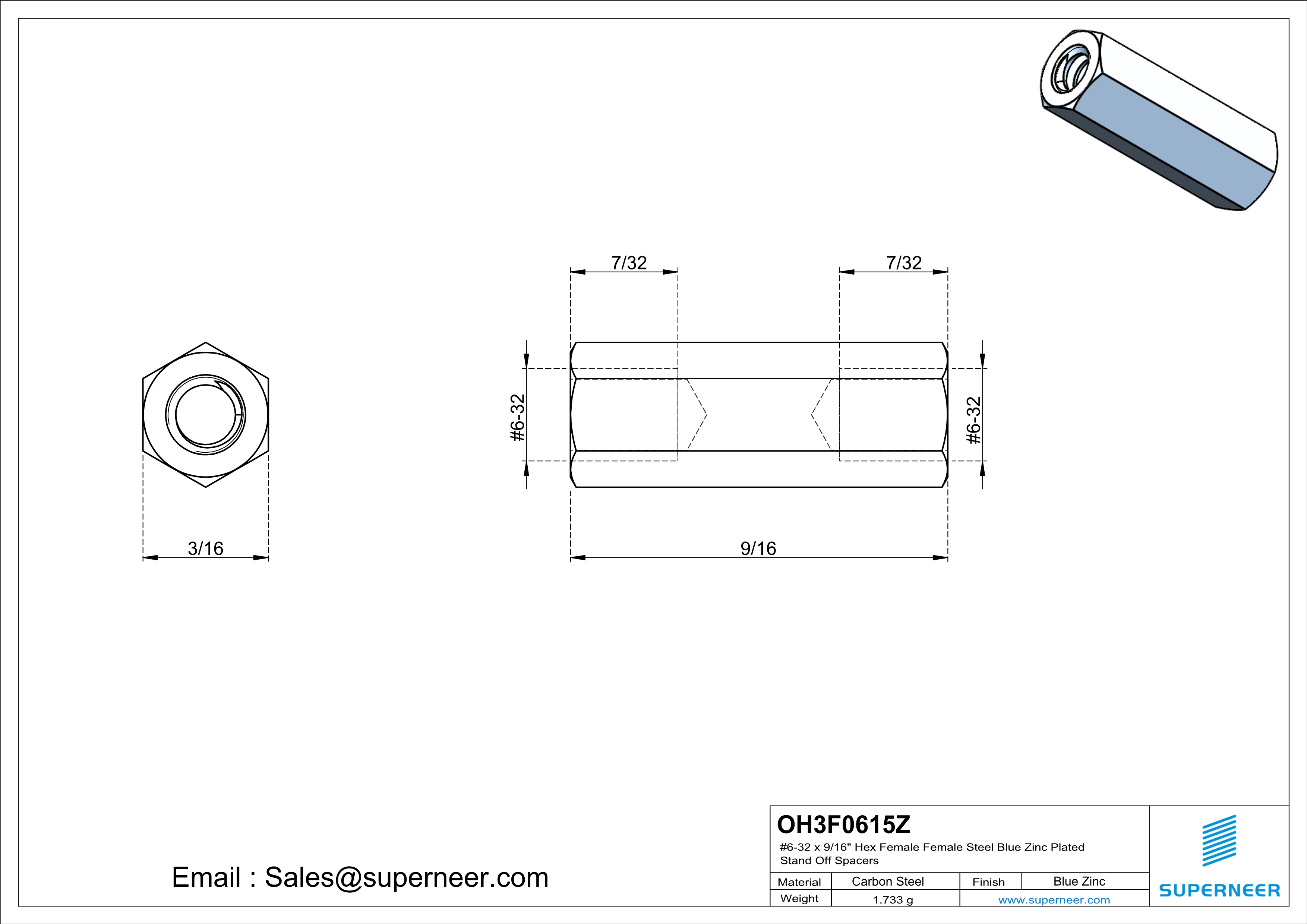 6-32 x 9/16" Hex Female Female Steel Blue Zinc Plated Stand Off Spacers 