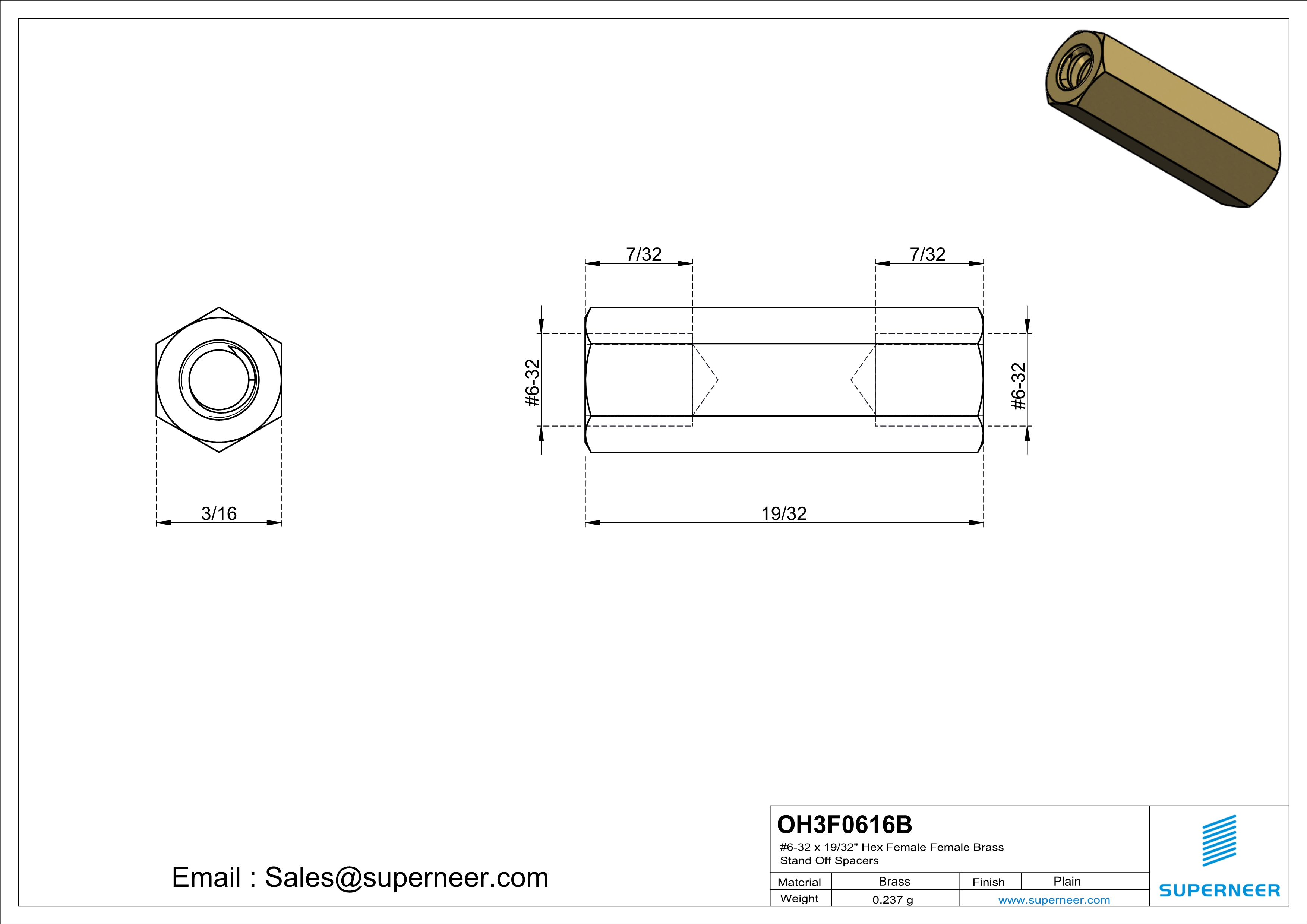 6-32 x 19/32" Hex Female Female Brass Stand Off Spacers 