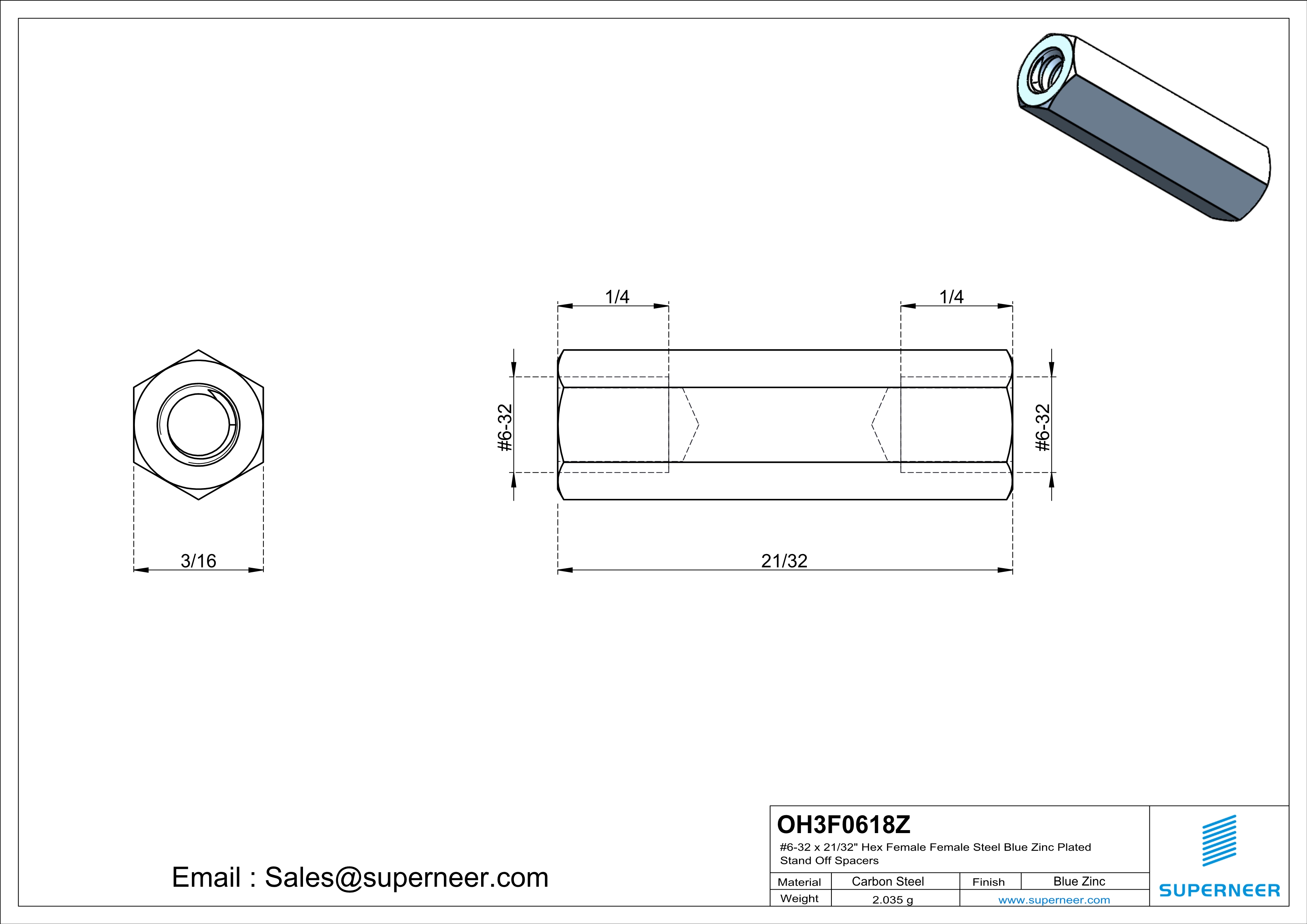 6-32 x 21/32" Hex Female Female Steel Blue Zinc Plated Stand Off Spacers 