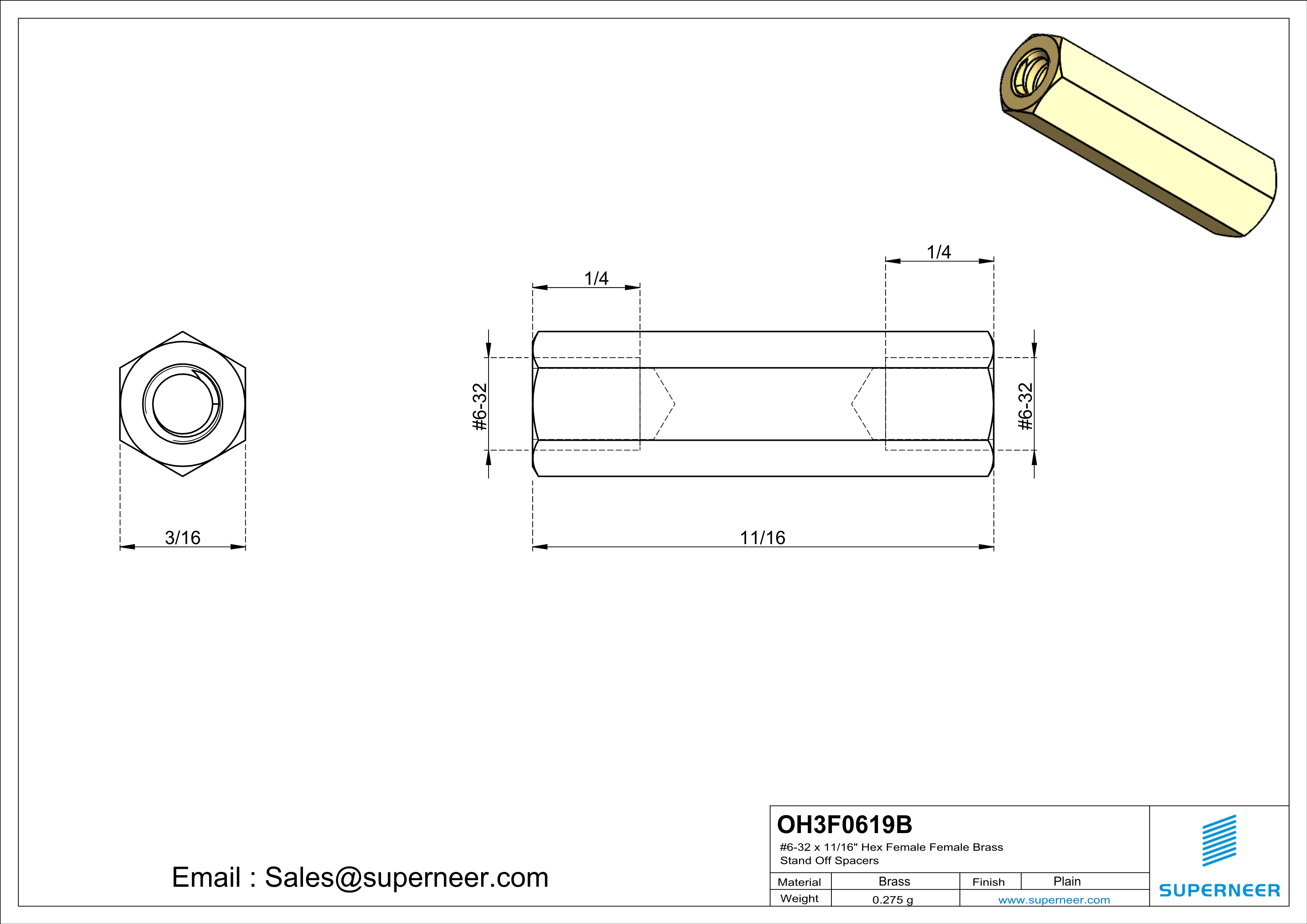 6-32 x 11/16" Hex Female Female Brass Stand Off Spacers 